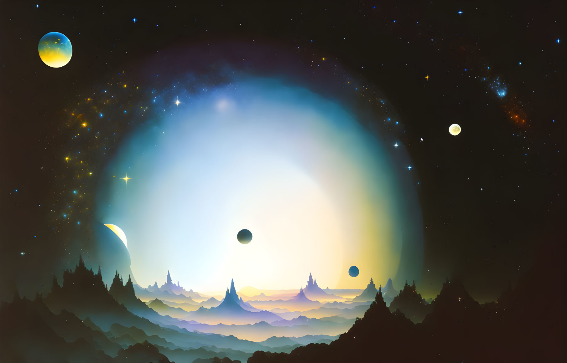 Cosmic space scene with planets, stars, galaxies, and forest silhouette