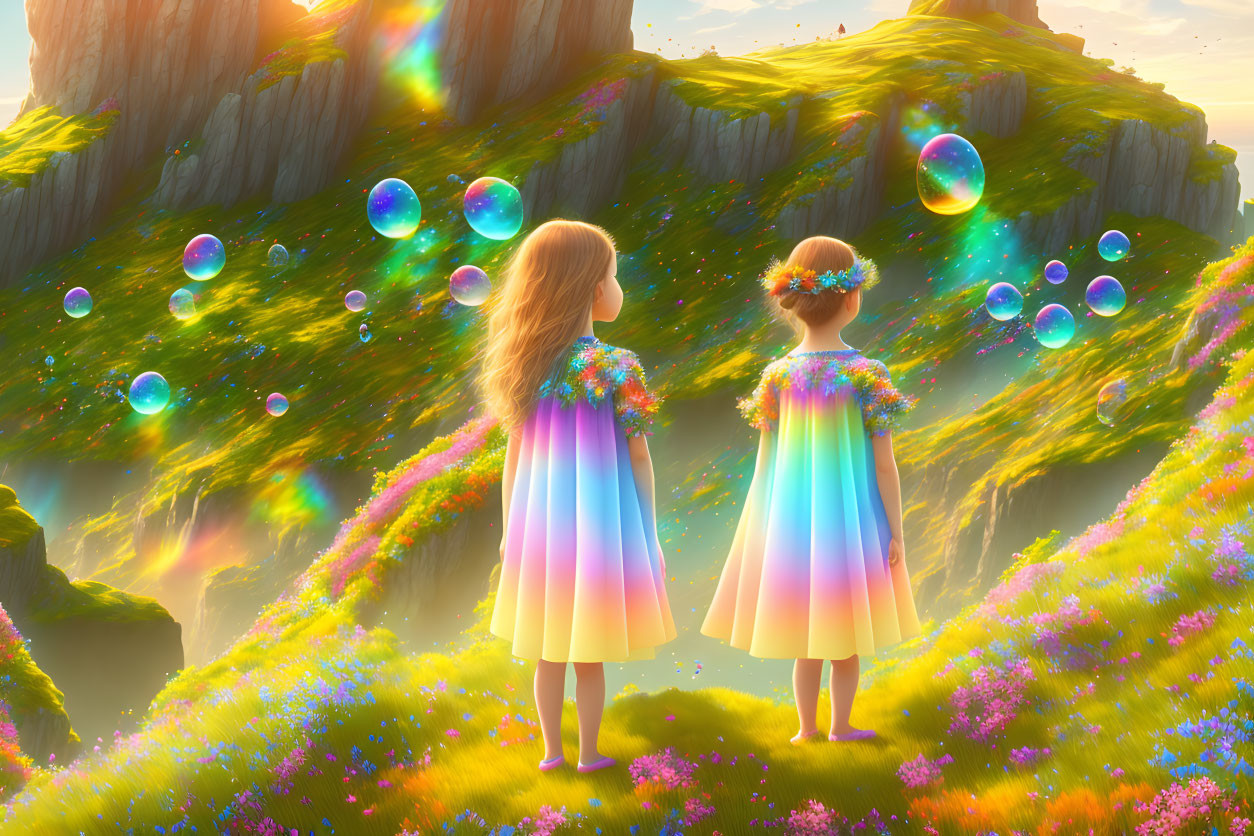 Two young girls in colorful dresses in a flower-filled meadow watching iridescent bubbles.