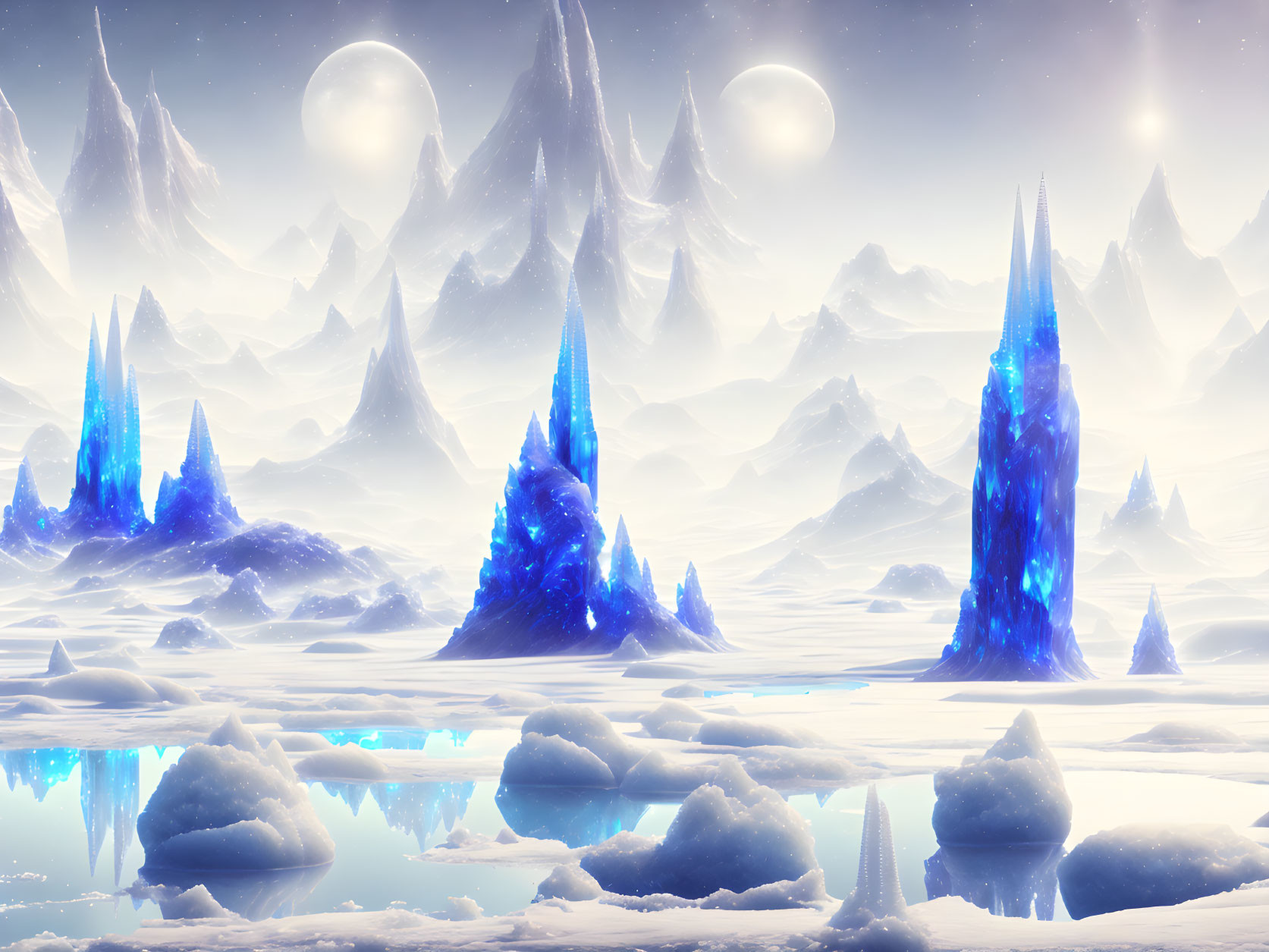 Fantasy ice landscape with blue crystal formations and two moons