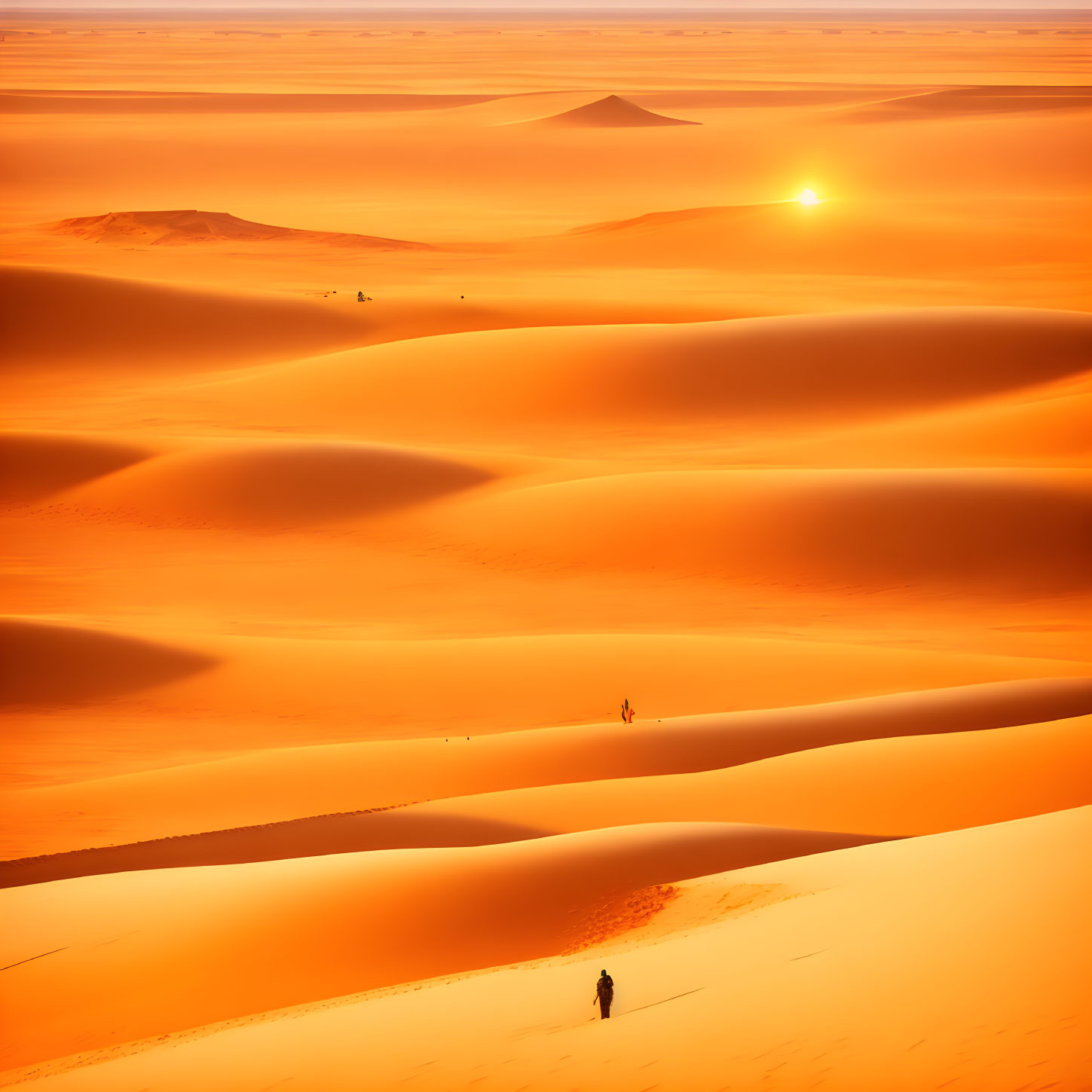 Vast desert sunset with orange dunes and silhouetted figures