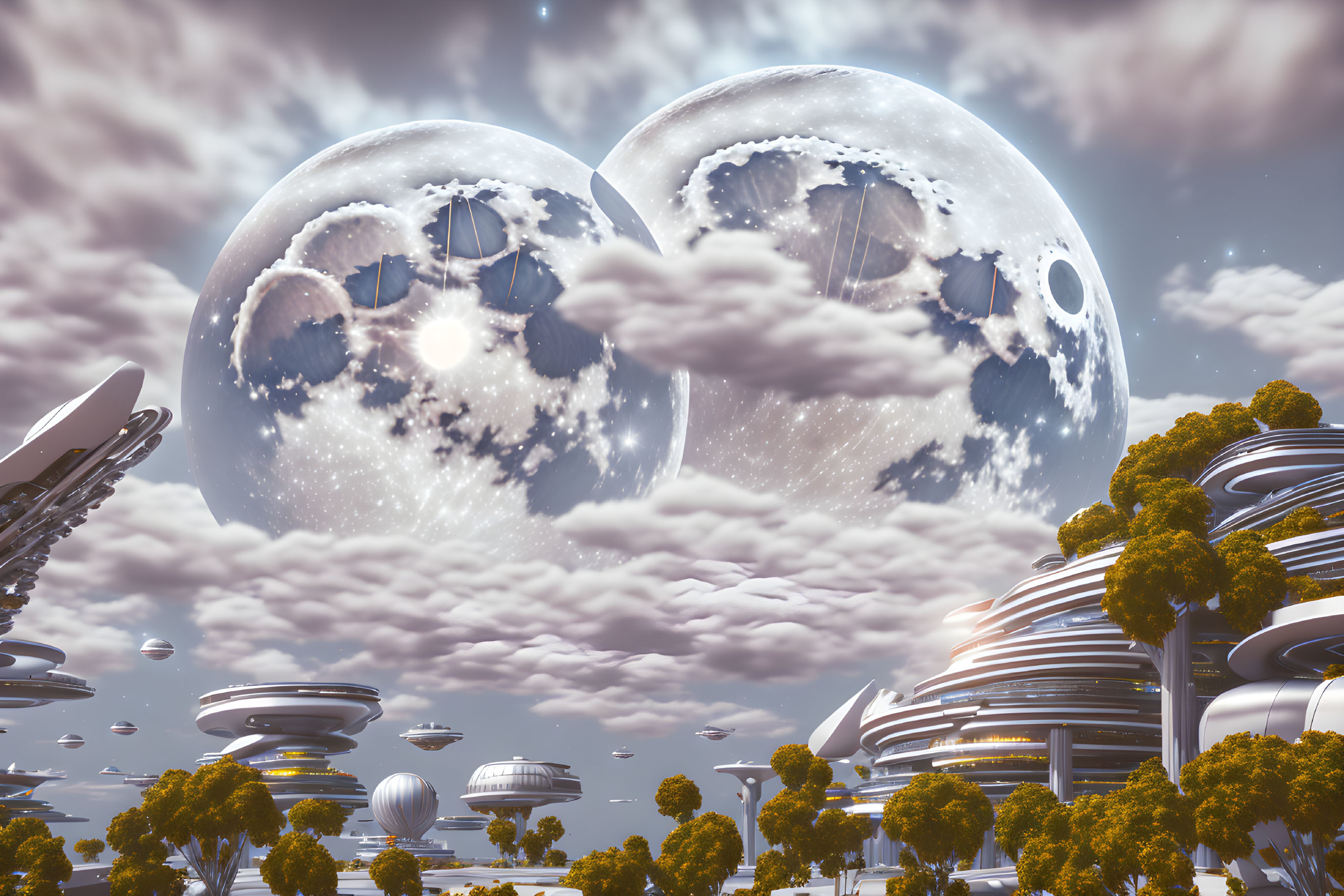 Advanced architecture in futuristic city under large moons and floating vehicles