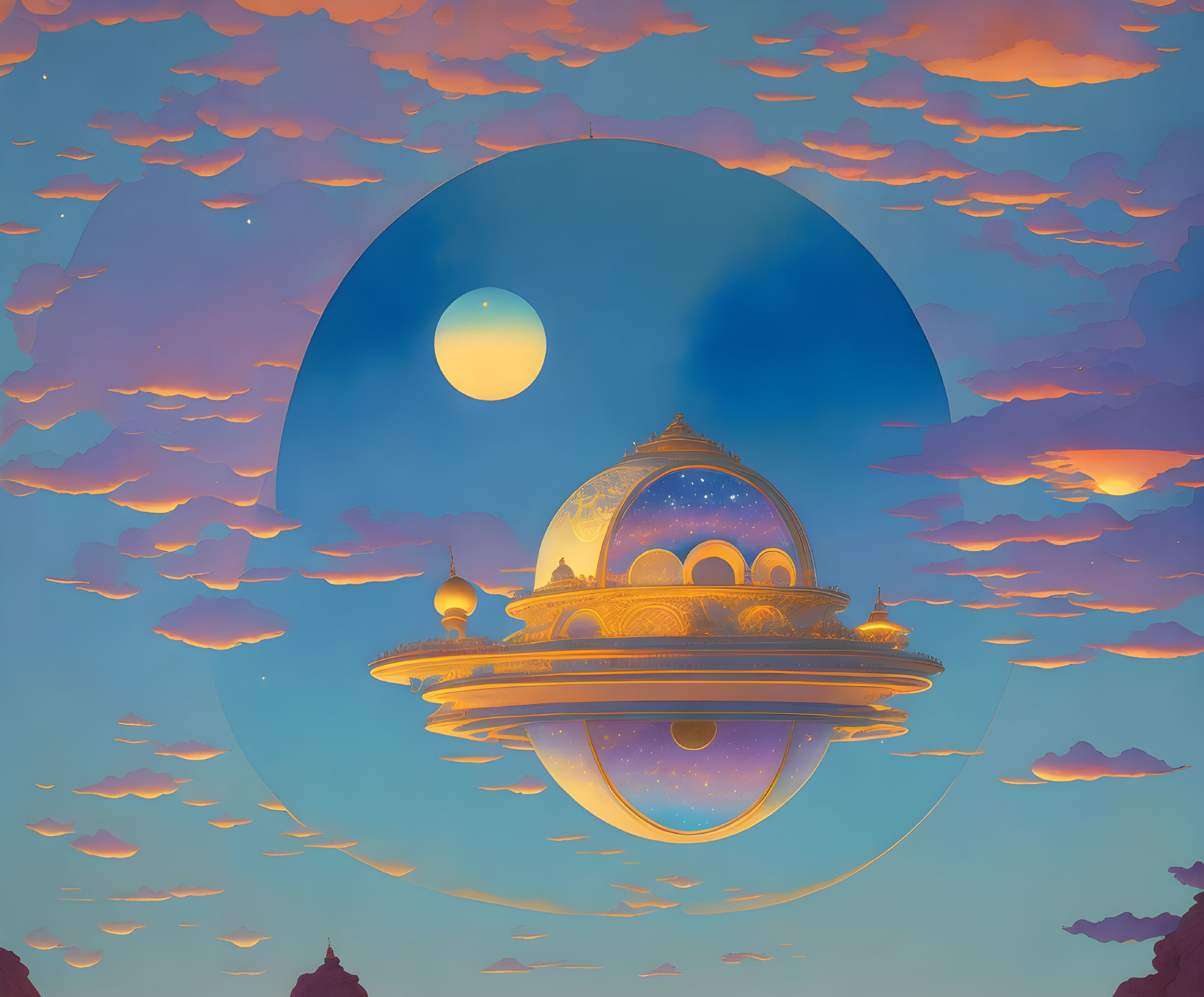 Floating city under starry sky in sphere with orange cloudscape and setting sun