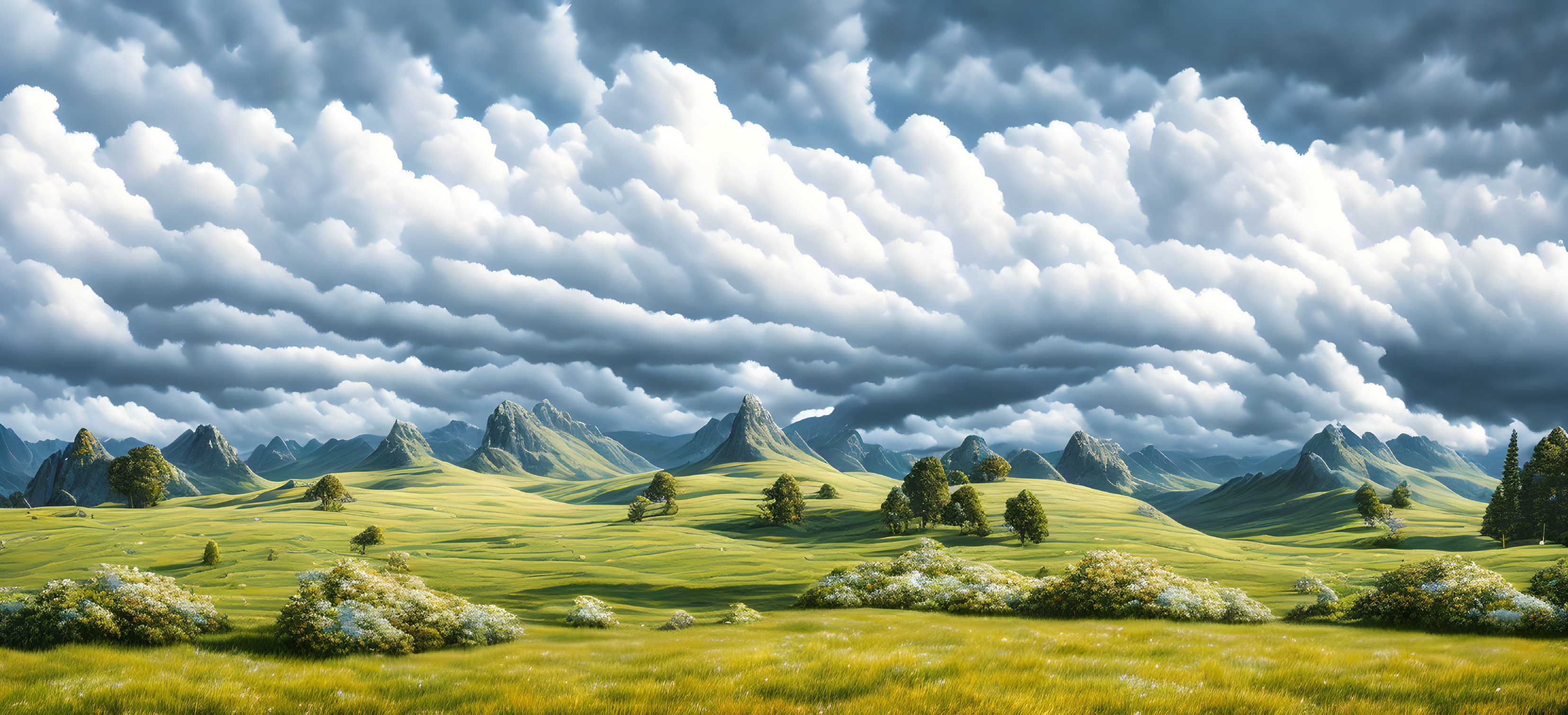 Vibrant grassy landscape with rolling hills and dramatic sky