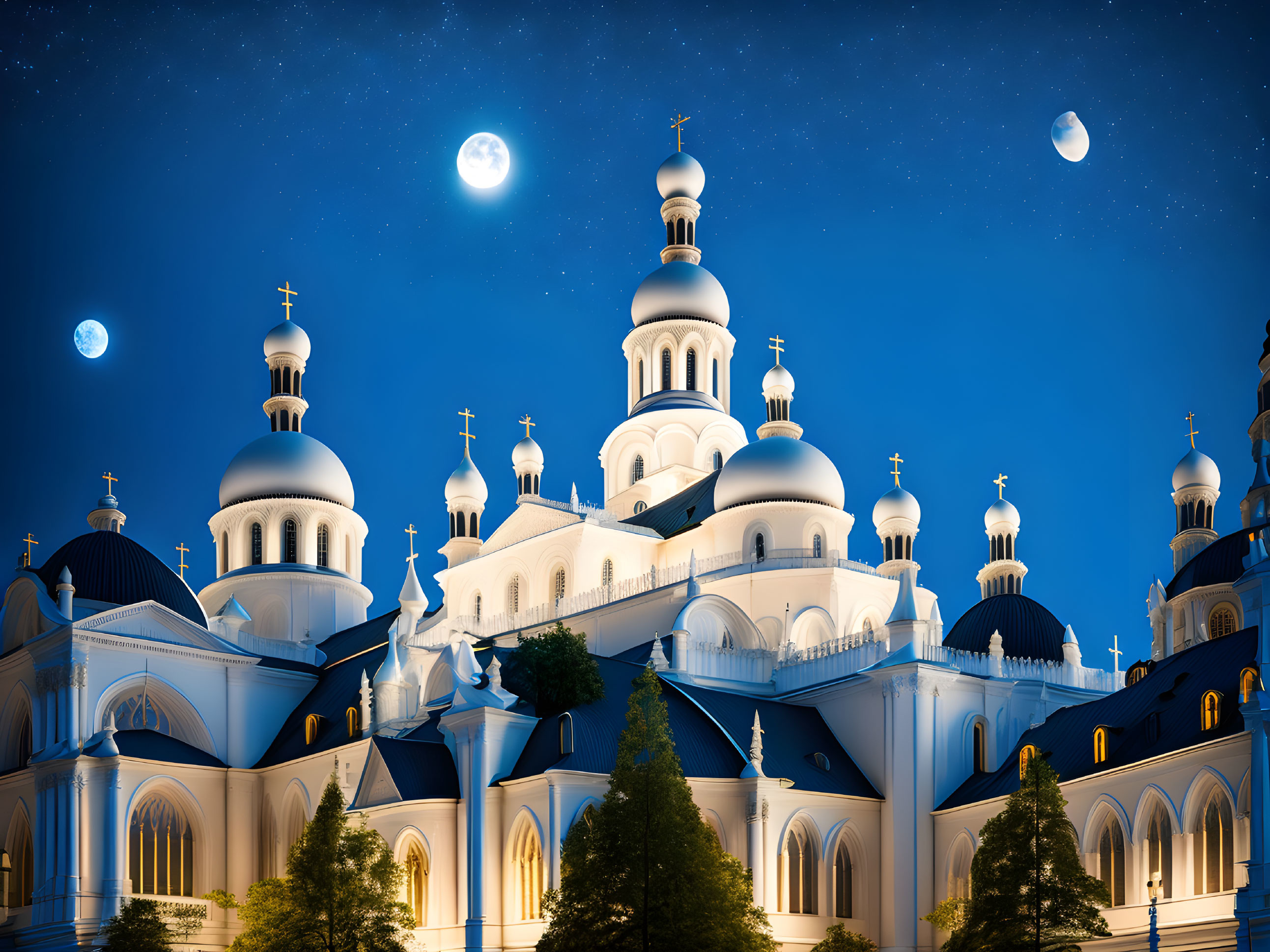 Orthodox cathedral with white domes under starry sky and moons