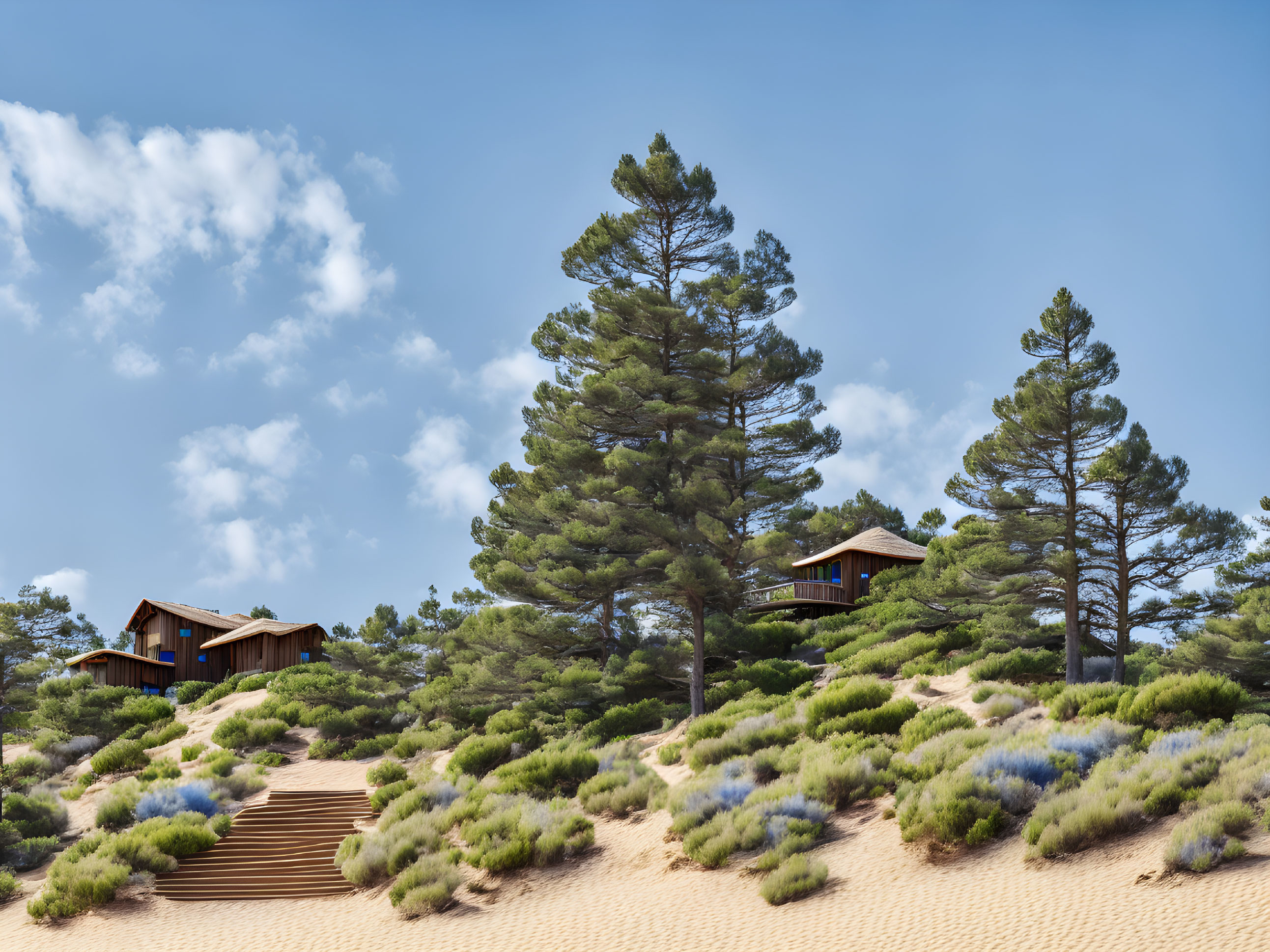 Rustic wooden cabins in forest setting with sandy hill and steps under blue sky