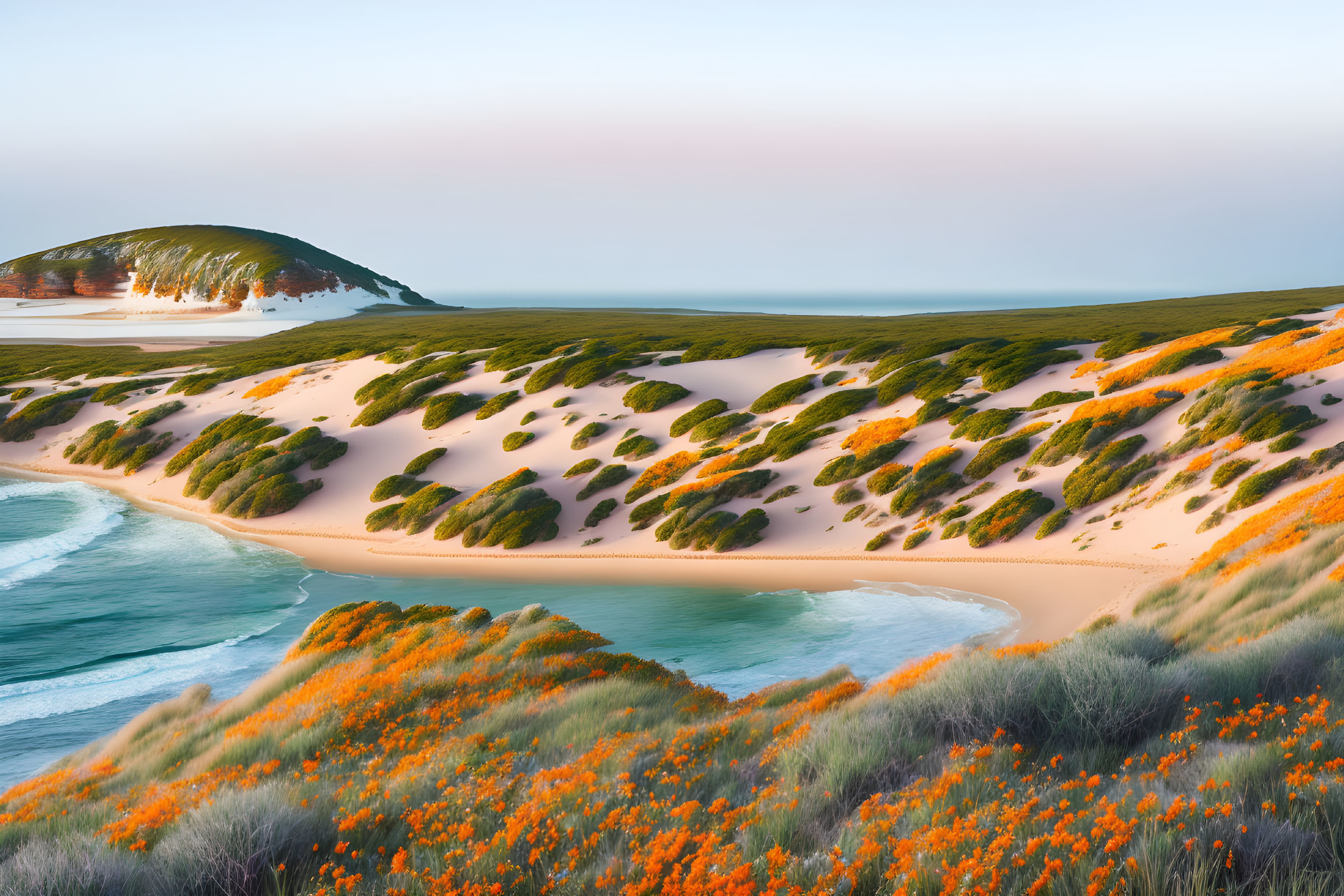 Tranquil Coastal Landscape with Sand Dunes and Flowers