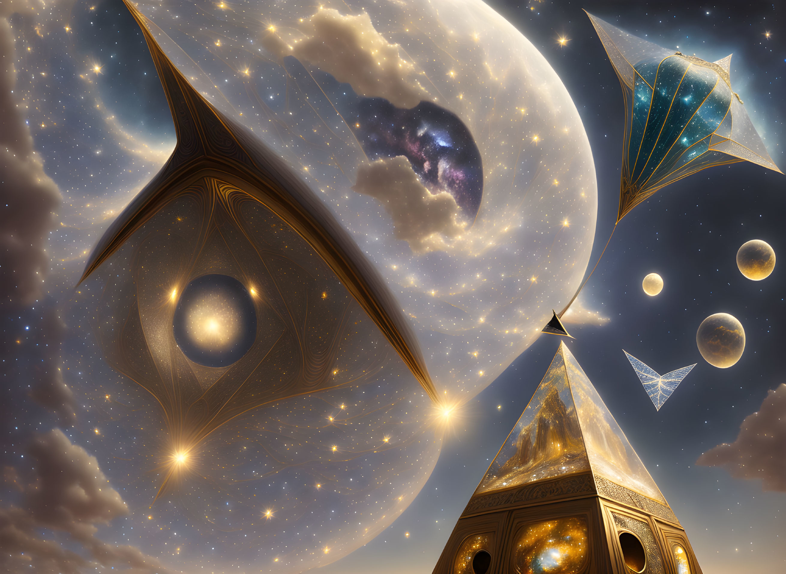 Cosmic landscape with floating shapes, planets, moon, and starry sky