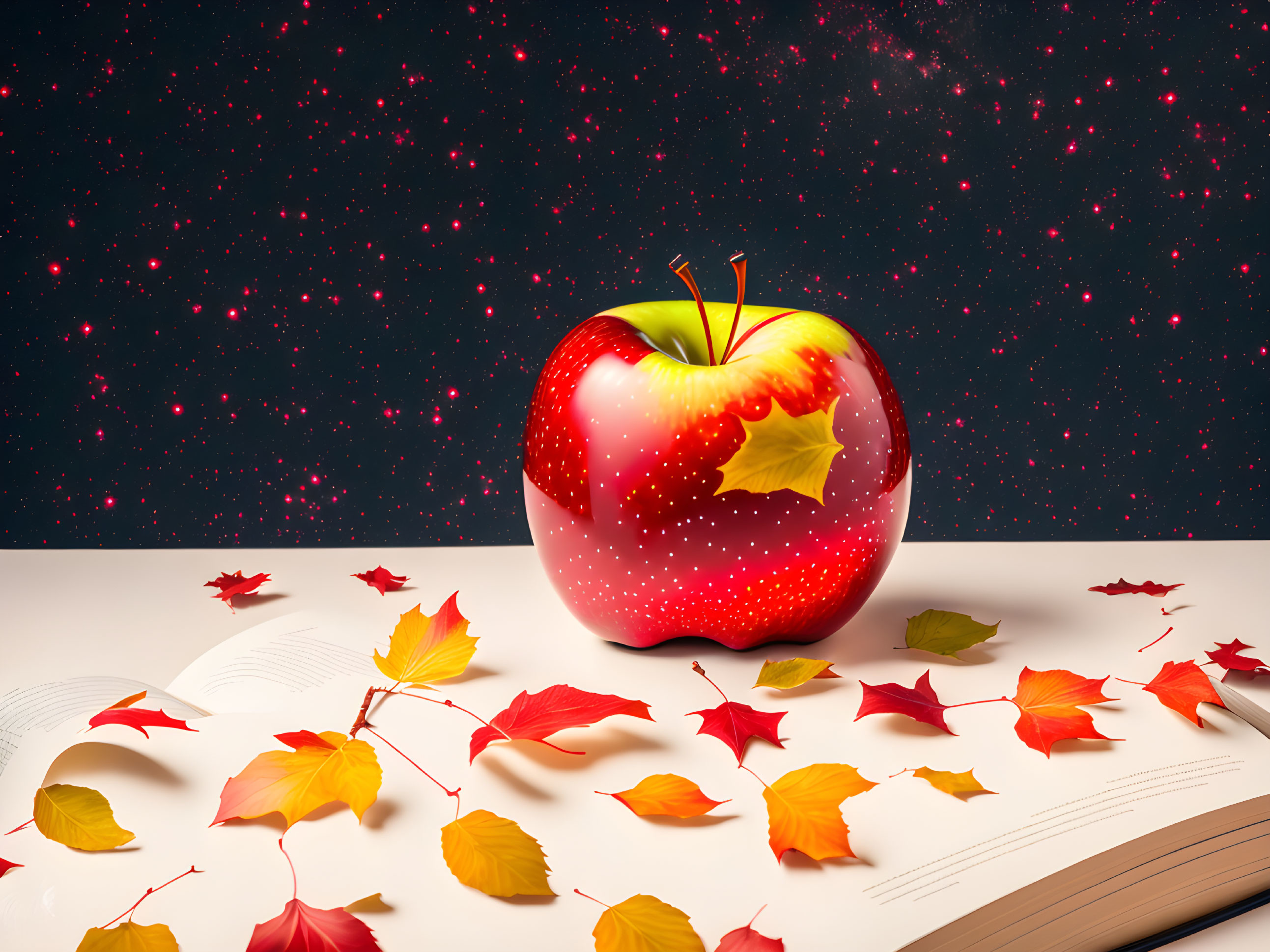 Red Apple on Open Book with Autumn Leaves and Night Sky Background