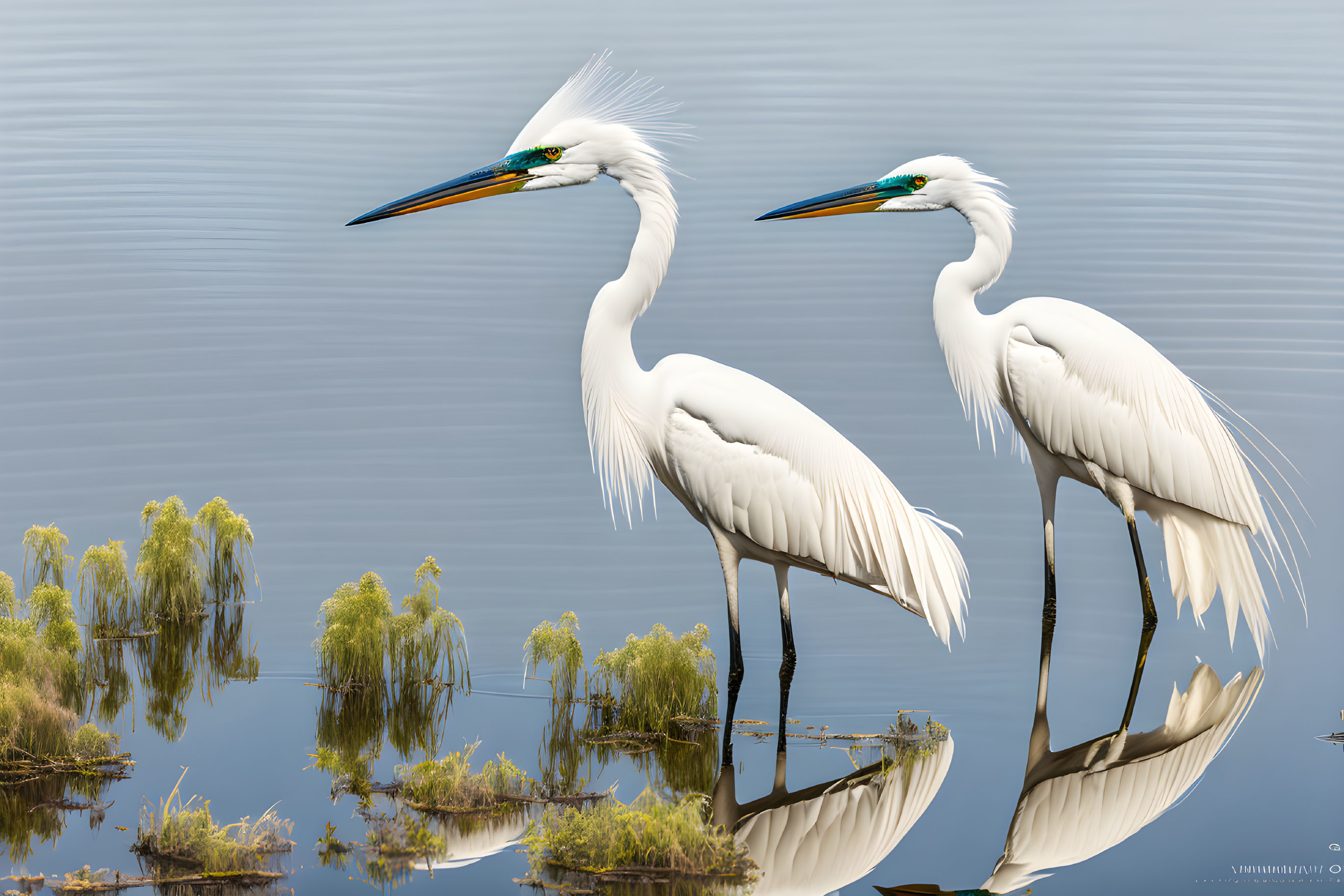 White egrets by calm water with reflections and grassy background.