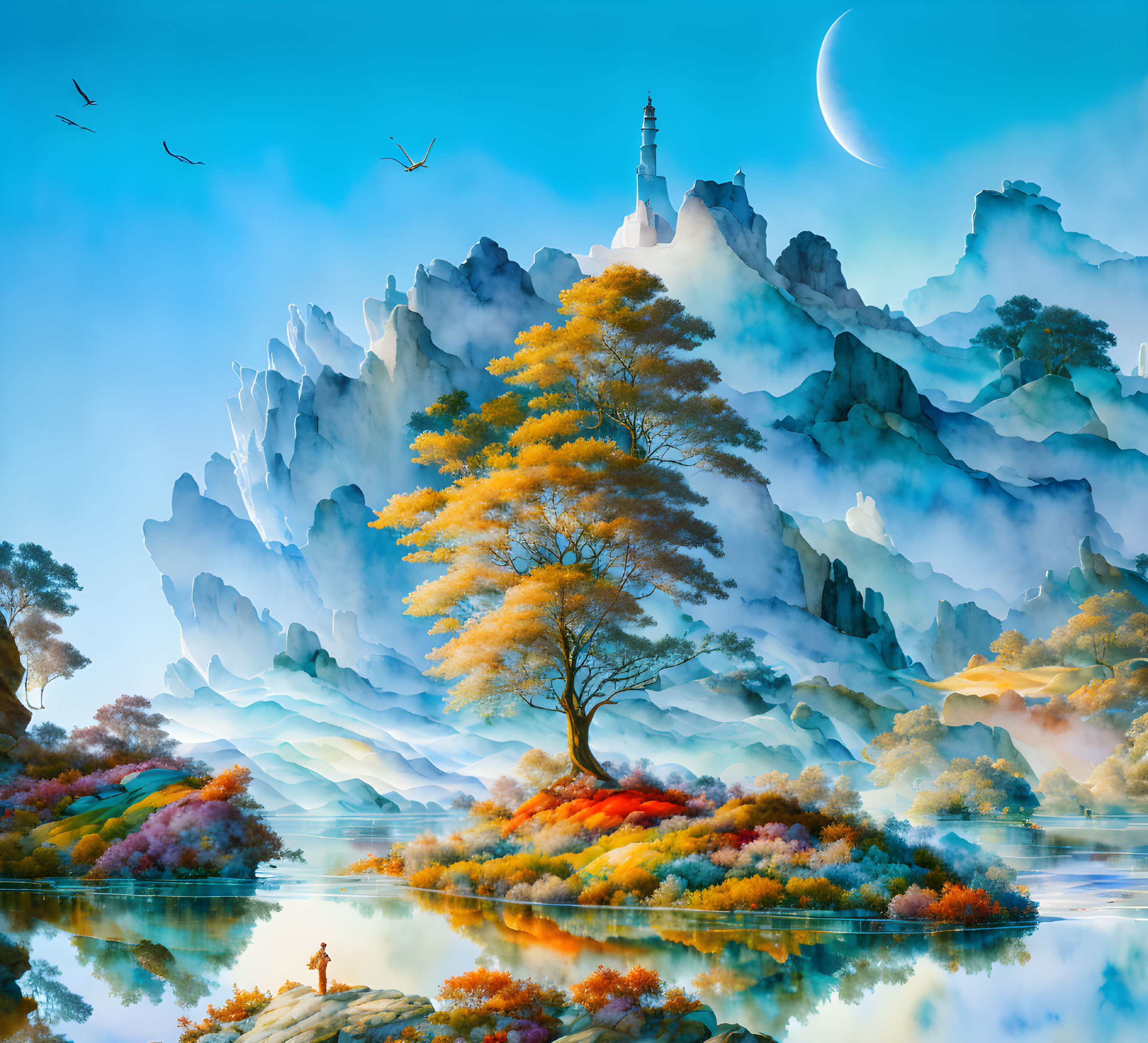 Colorful fantasy landscape with lone figure, foliage, mountains, pagoda, birds, and crescent