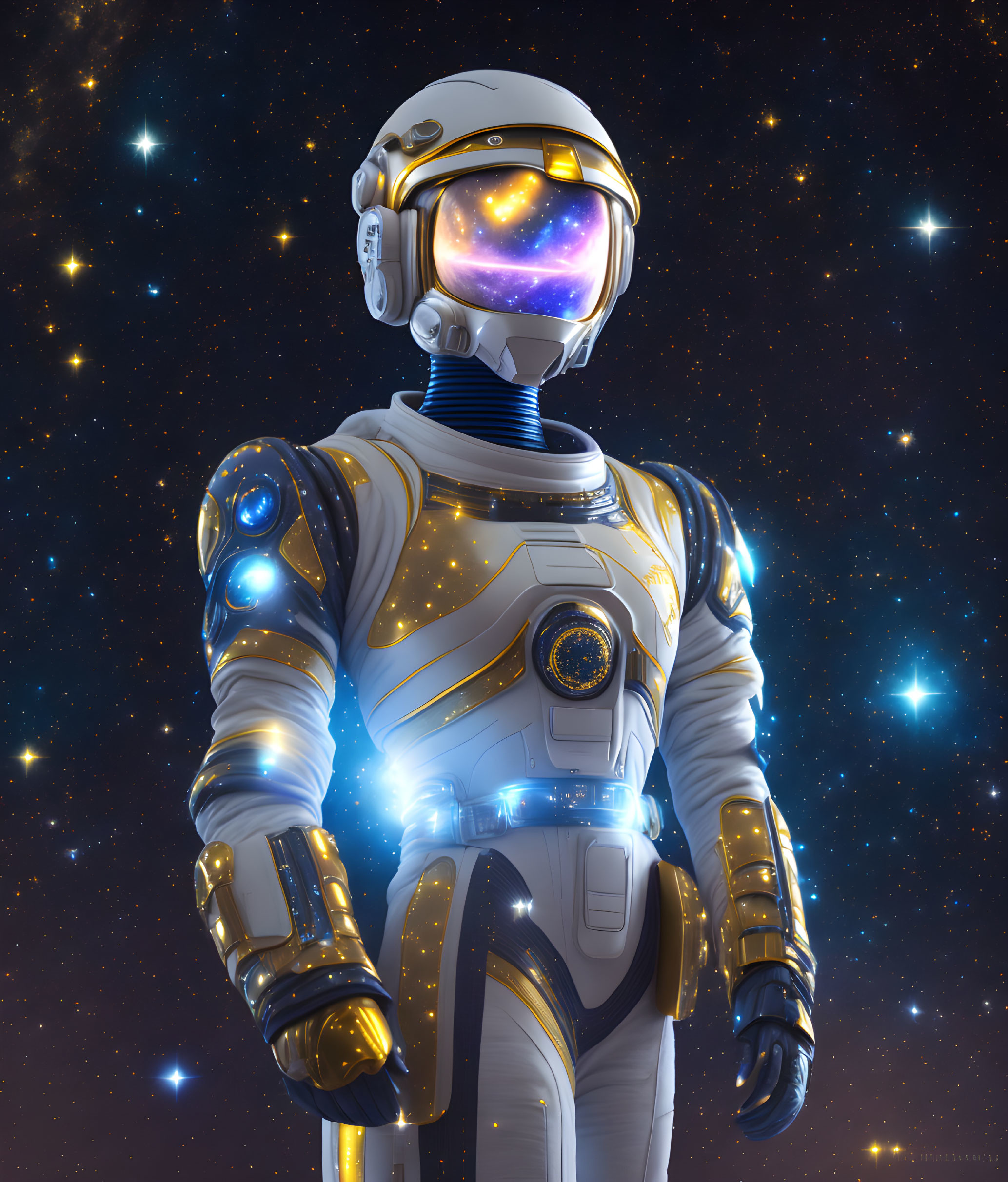 Futuristic astronaut in white and gold space suit against starry space backdrop