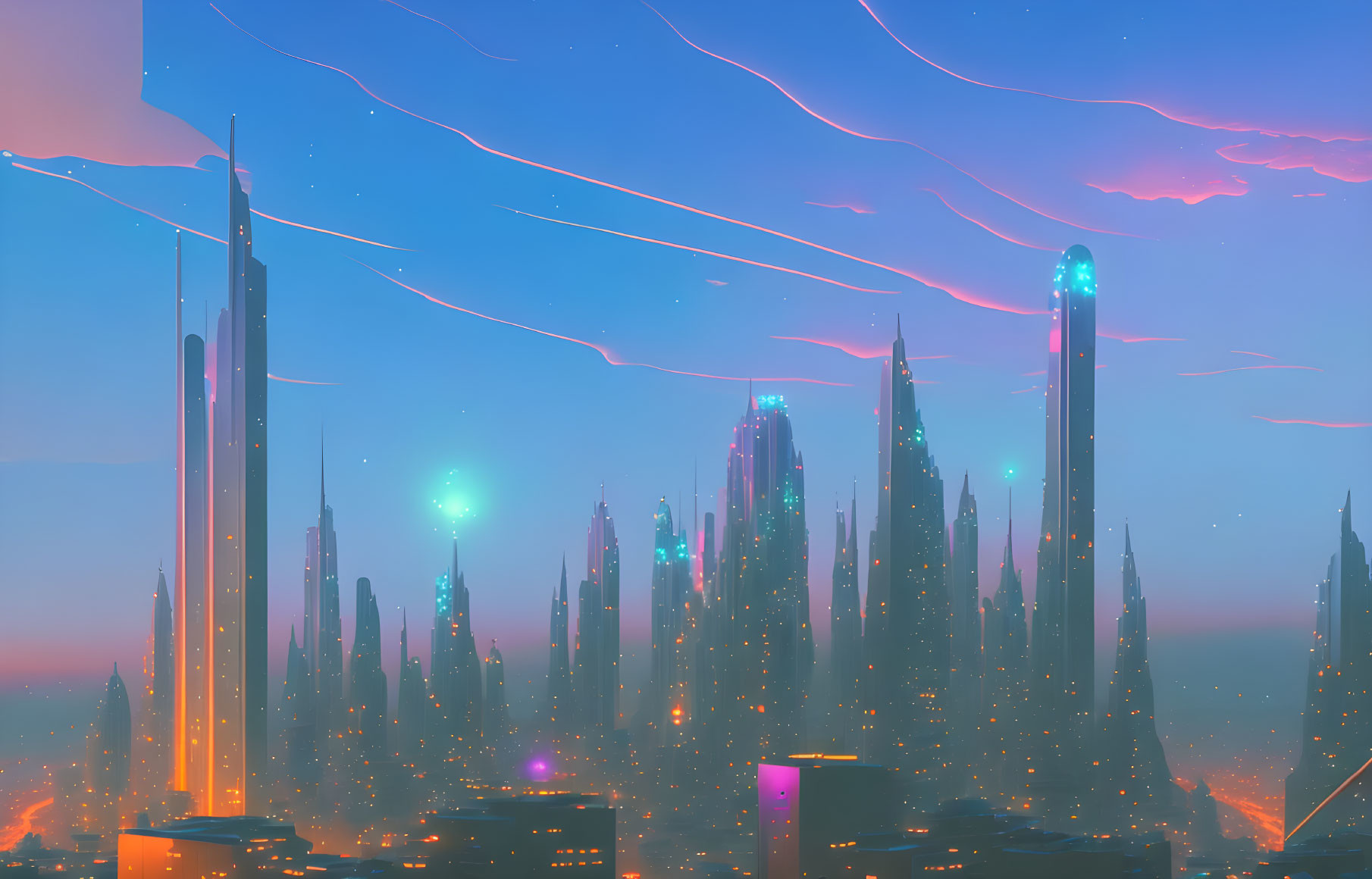 Vibrant futuristic cityscape at dusk with towering spires and glowing lights