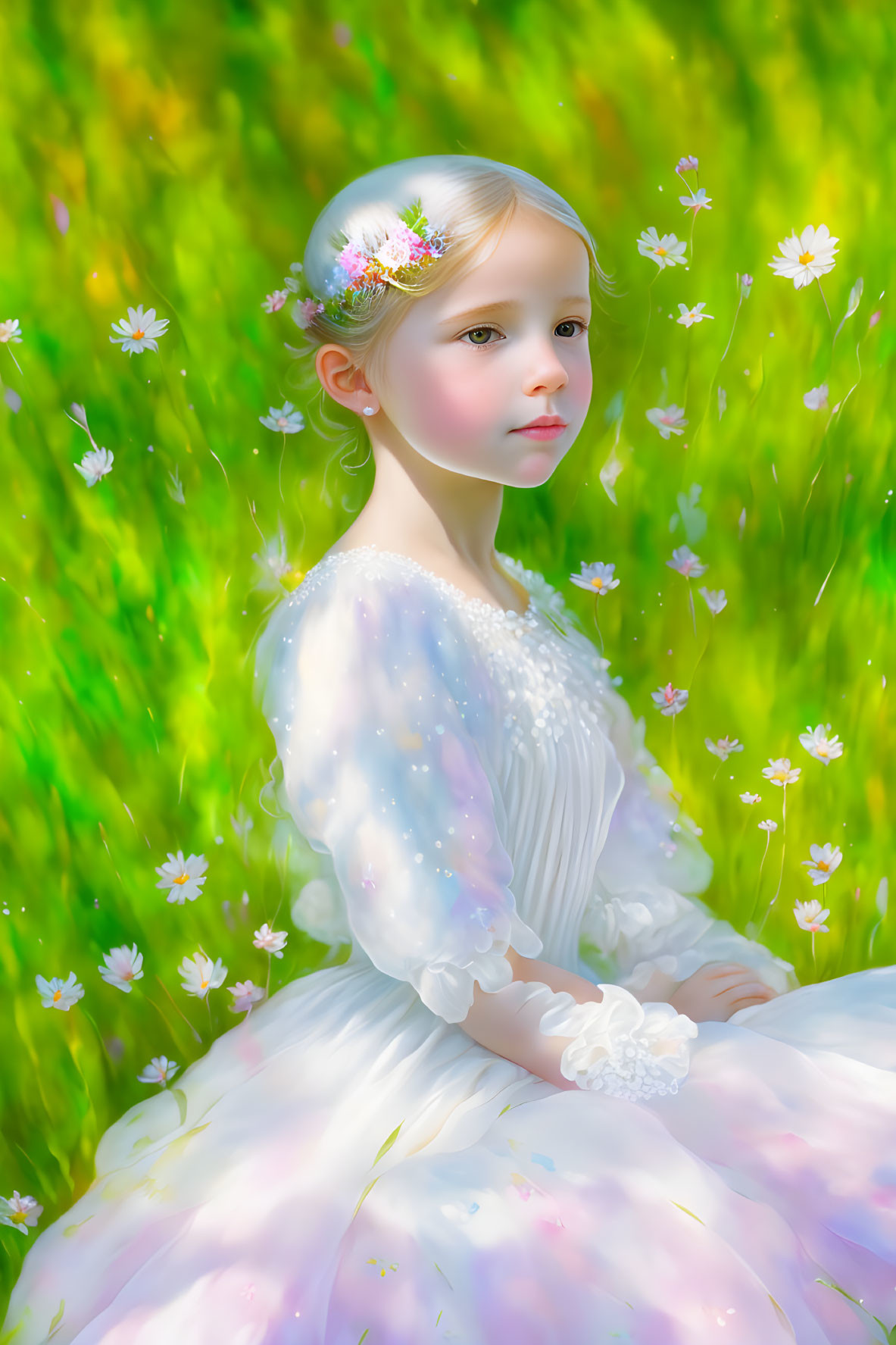 Young girl in white dress surrounded by flowers in lush green meadow