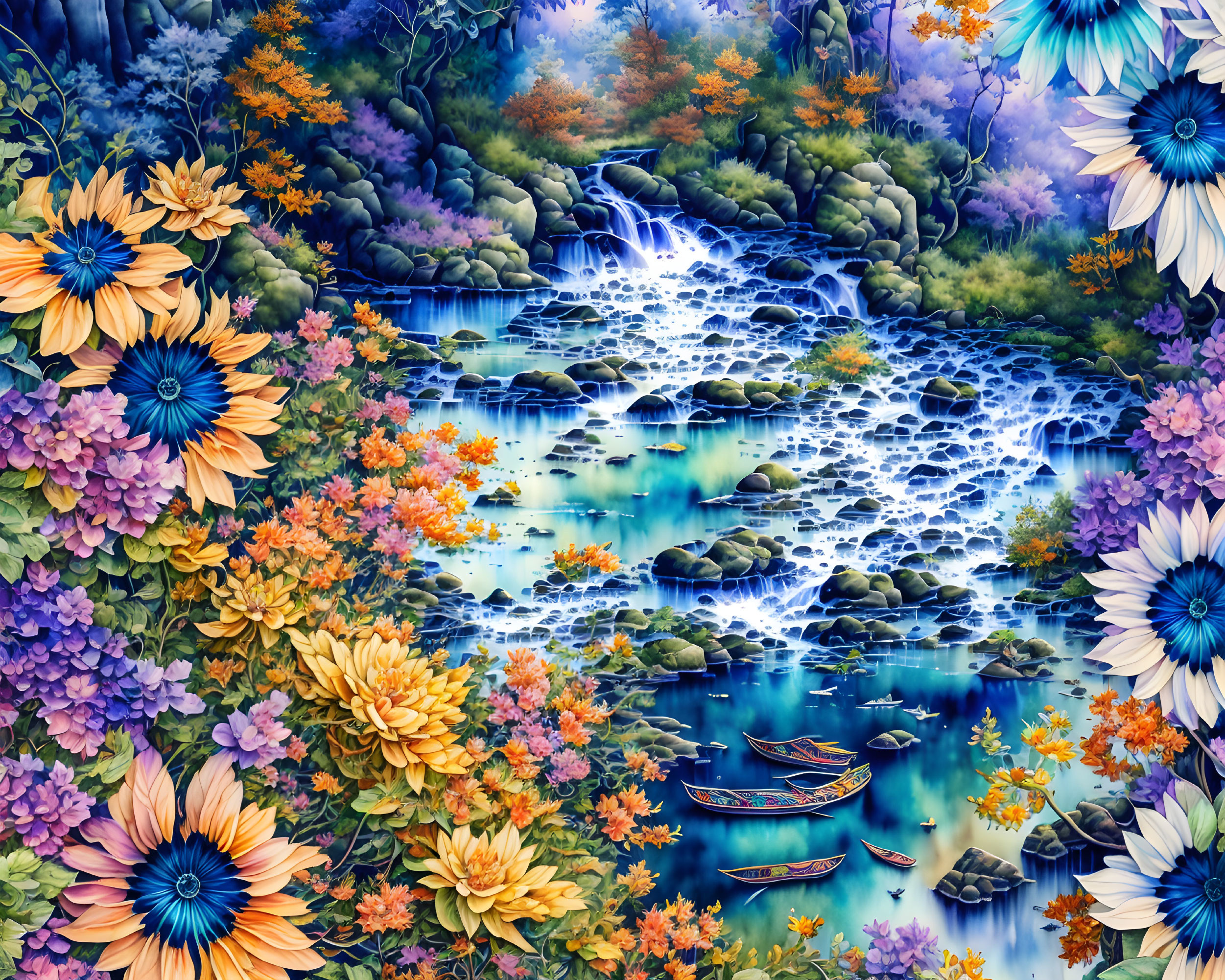 Colorful illustration: Serene waterfall, floral borders, blue water, wooden boats