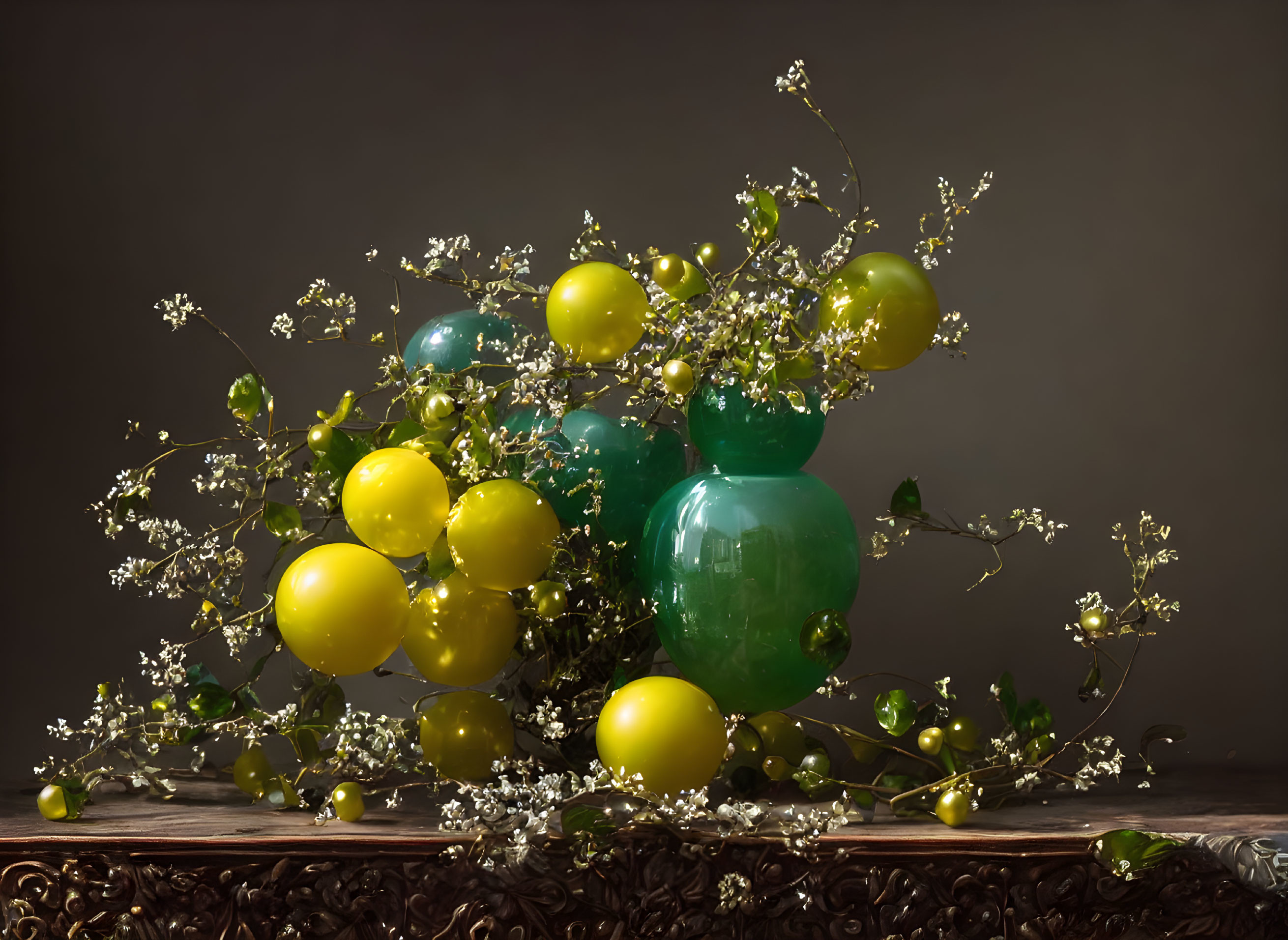 Green and Yellow Balloons with White Flowers on Dark Table