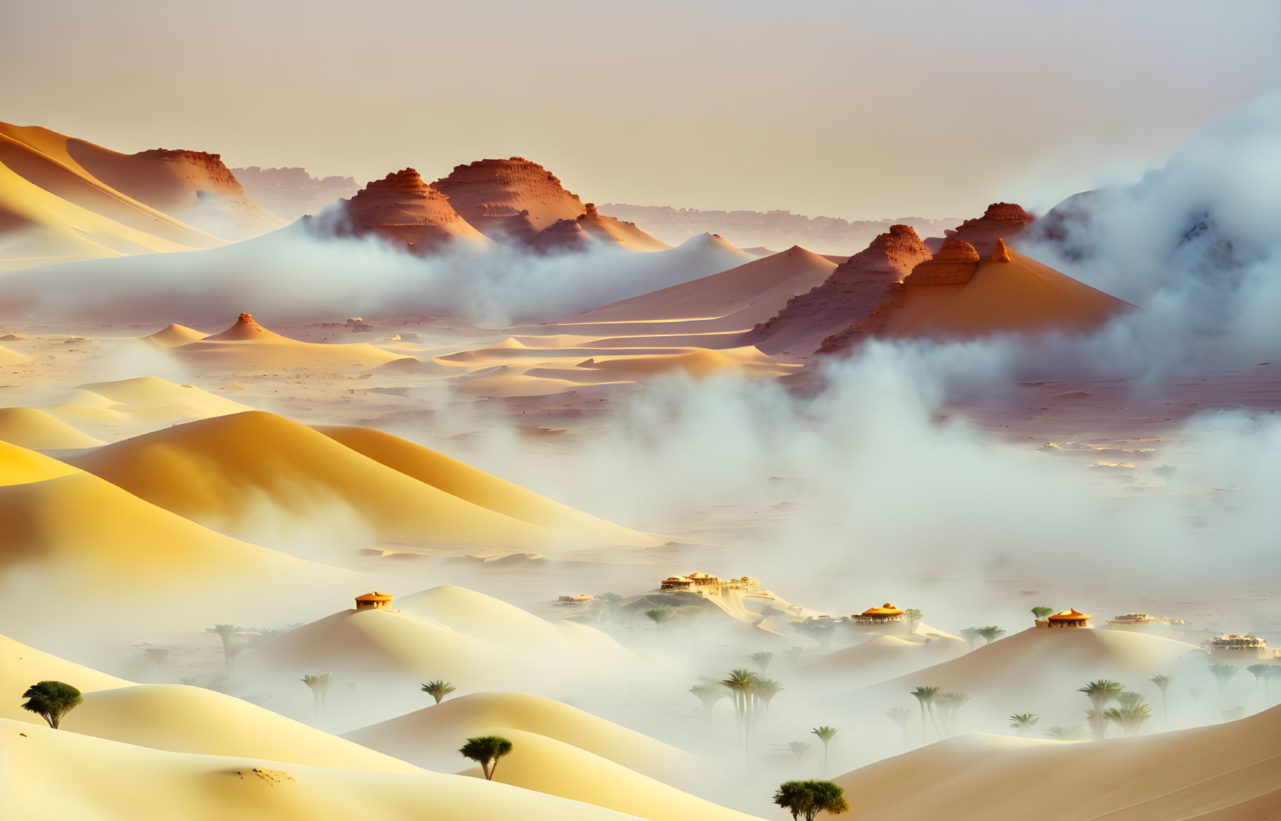 Misty golden sand dunes with palm trees and structures at sunrise or sunset