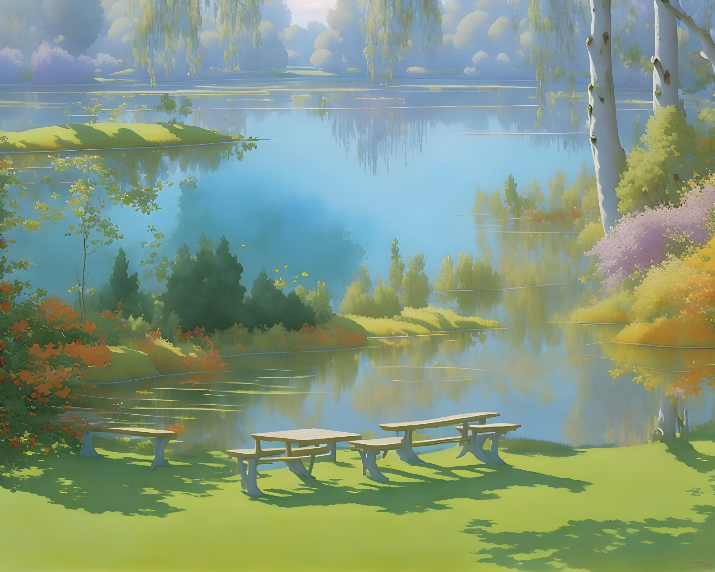 Tranquil park scene: picnic tables, blooming flowers, serene lake, reflecting trees, soft