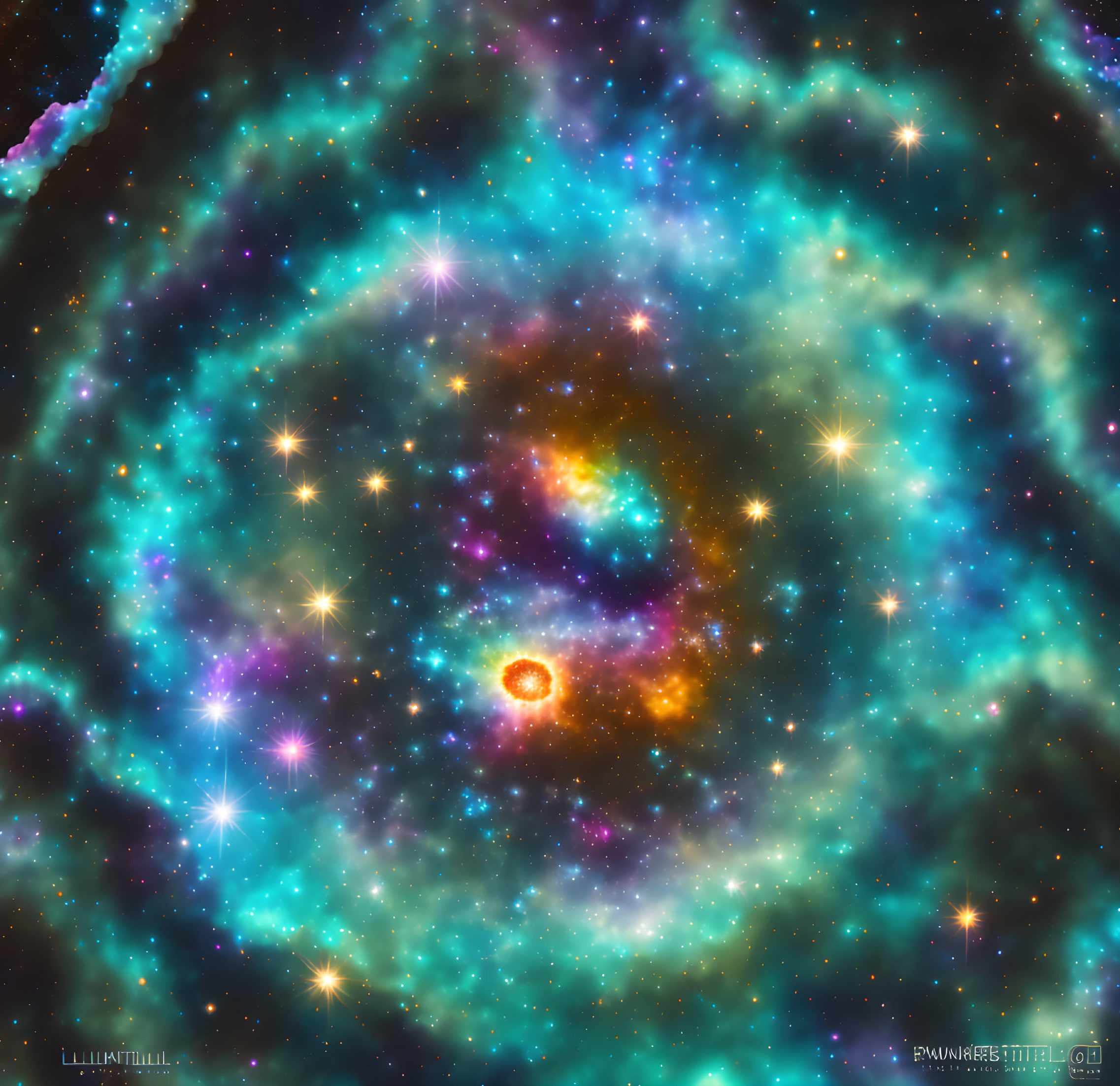 Colorful galaxy with glowing center and spiral arms against cosmic backdrop