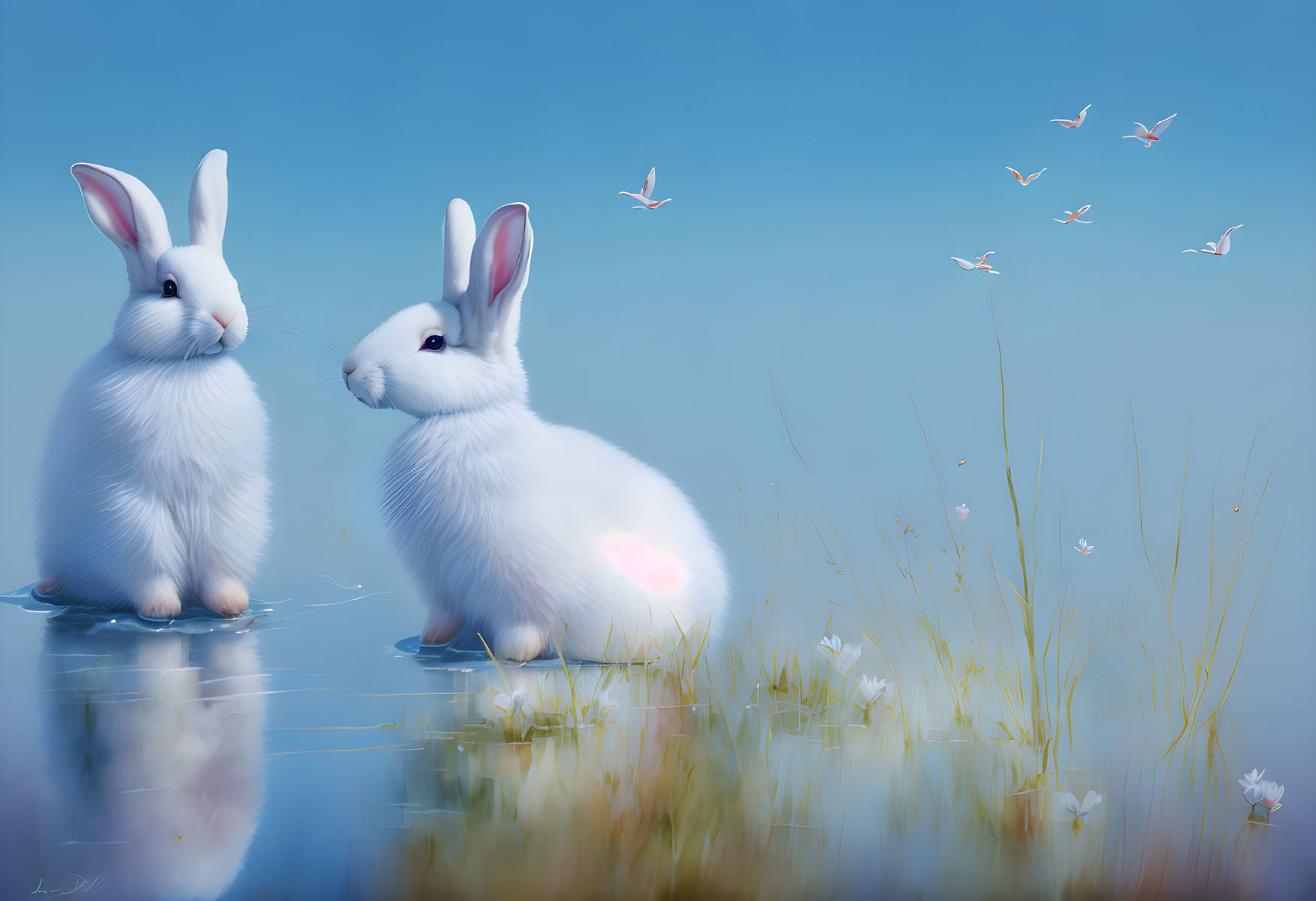 White rabbits by water with reflections, grass, flowers, and flying birds.