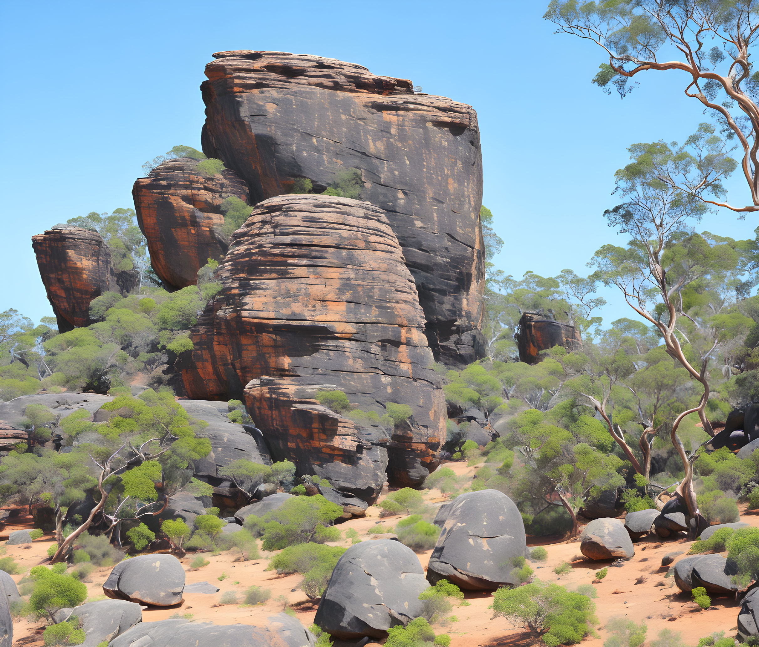 Desert Landscape with Red Rock Formations and Green Shrubbery