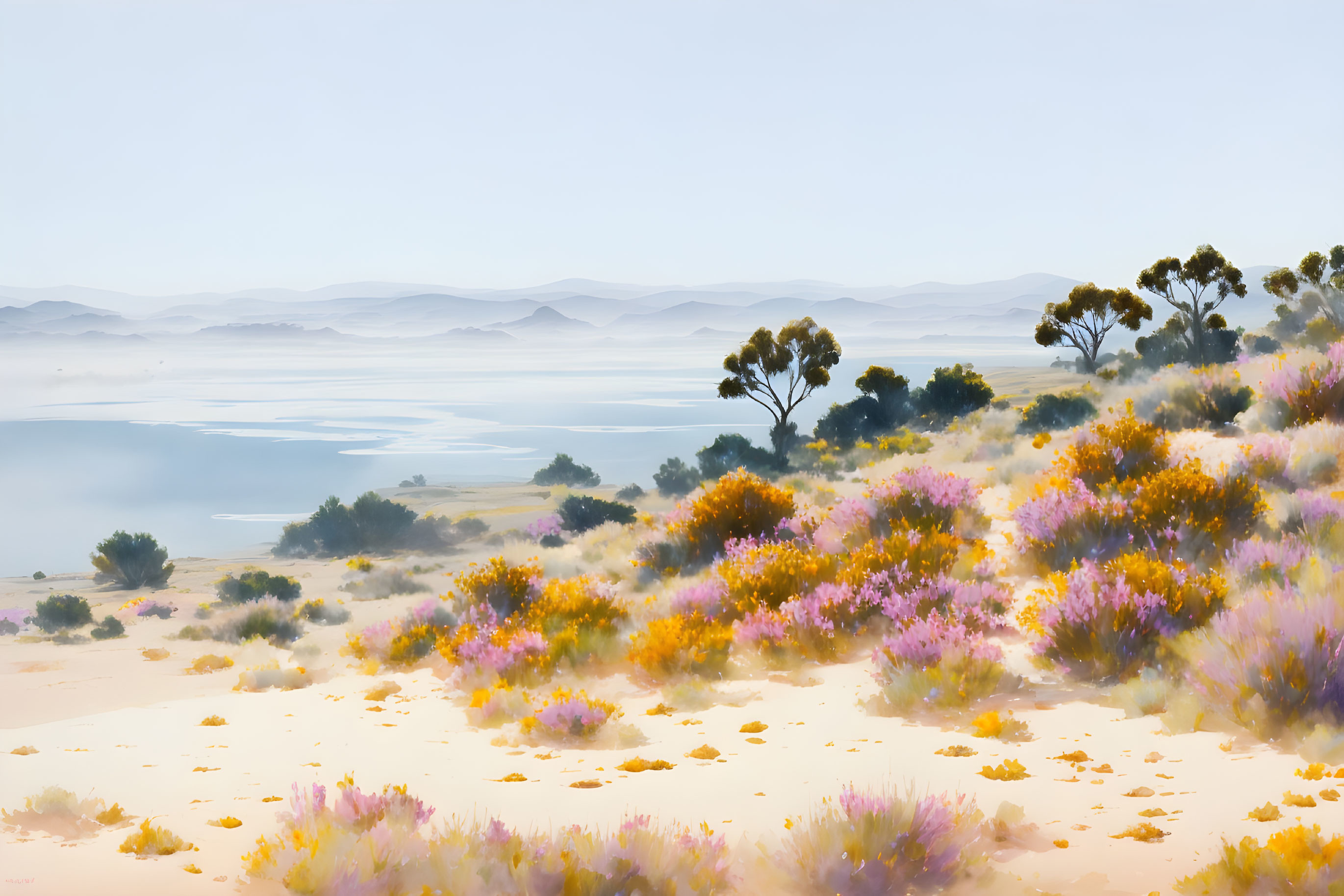 Colorful Wildflowers and Sand Dunes in Serene Desert Landscape