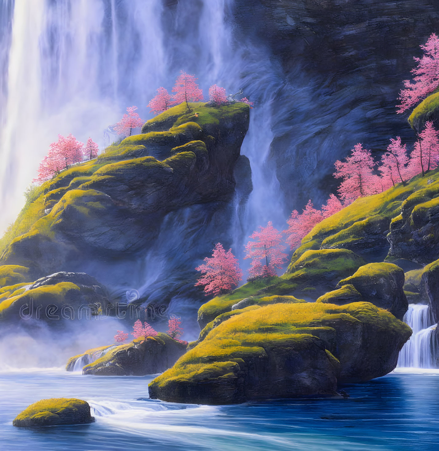 Mystical waterfall cascading over moss-covered rocks and pink trees