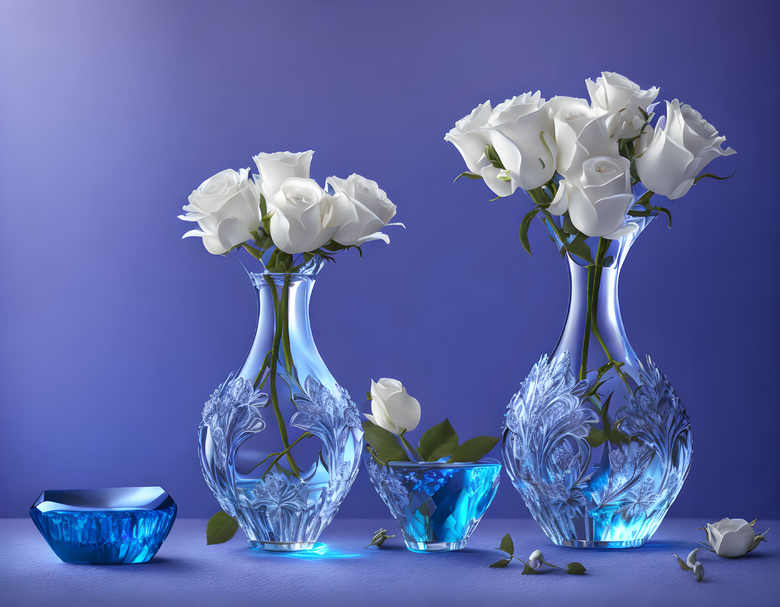 Three crystal vases with white roses on blue background, scattered petals and glass dishes