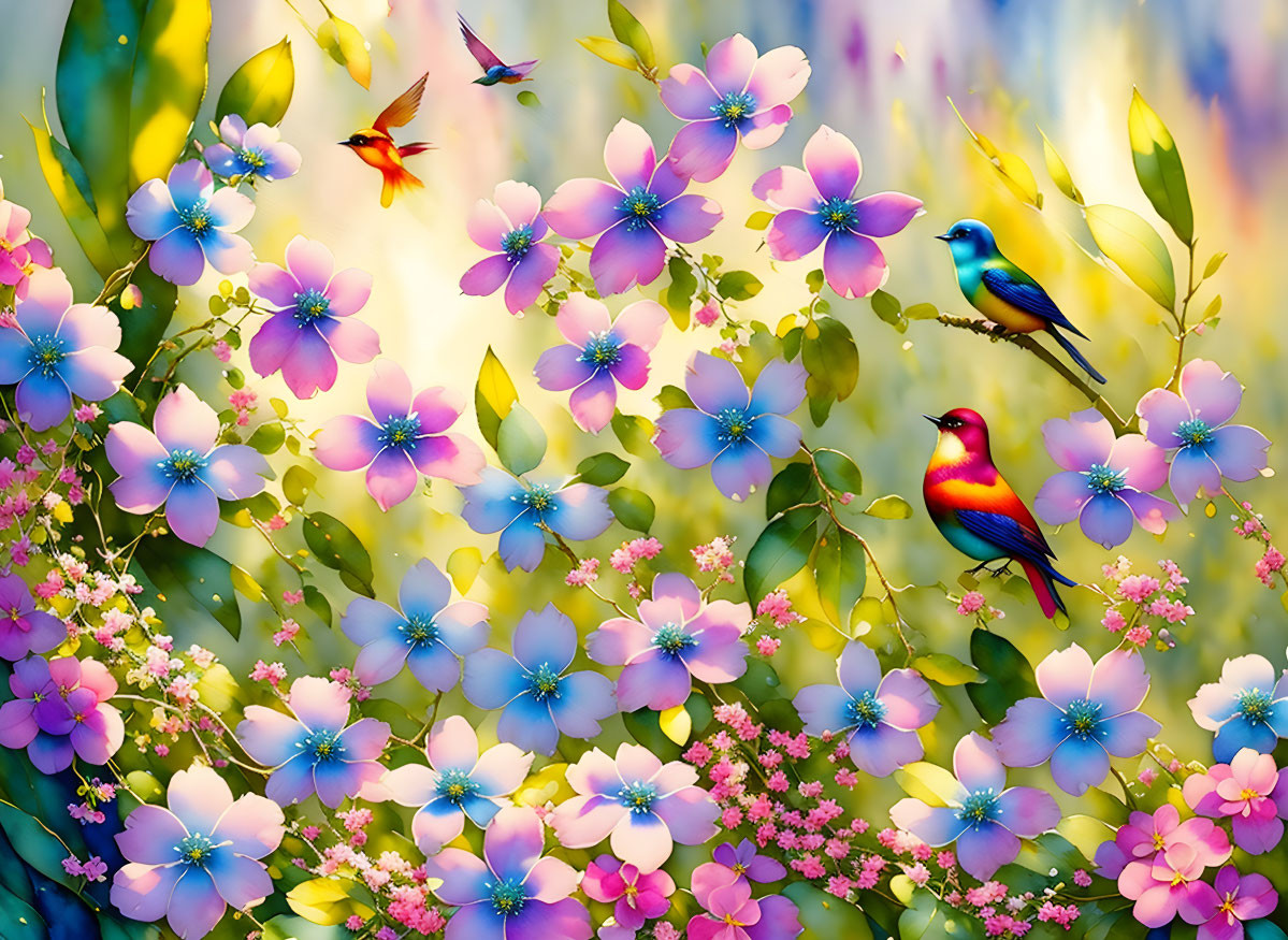 Colorful birds and flowers in whimsical digital art