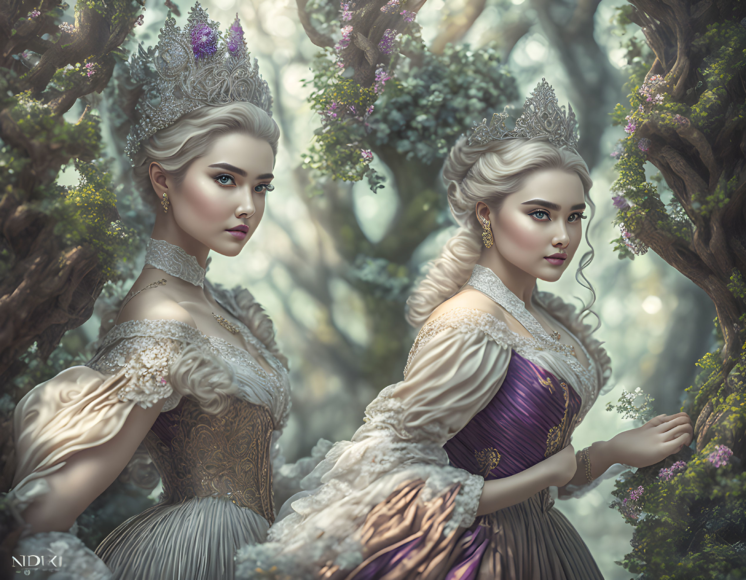 Two regal women in elaborate gowns and crowns in mystical forest setting