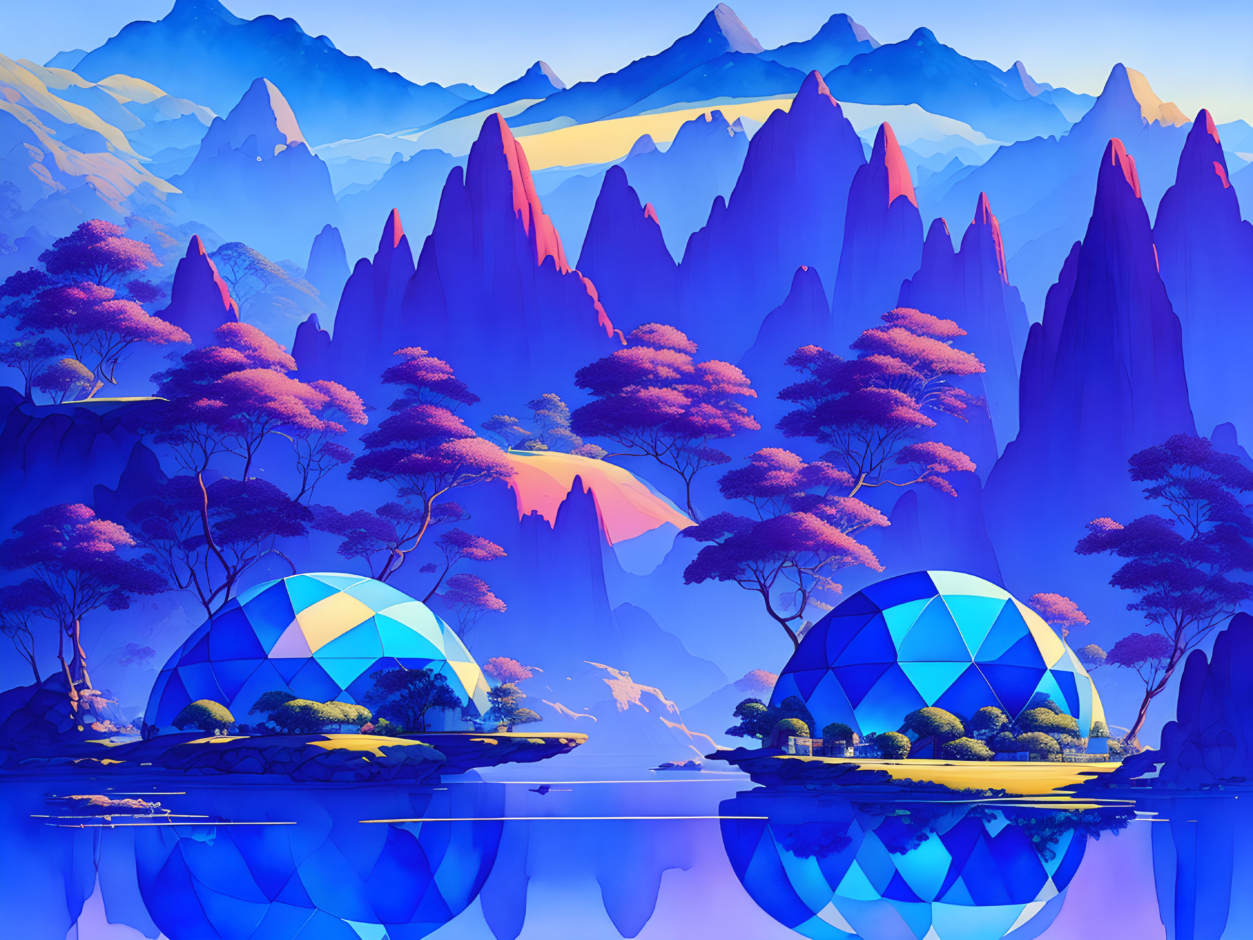 Colorful digital landscape with pink trees, geometric domes, and reflective water against mountains