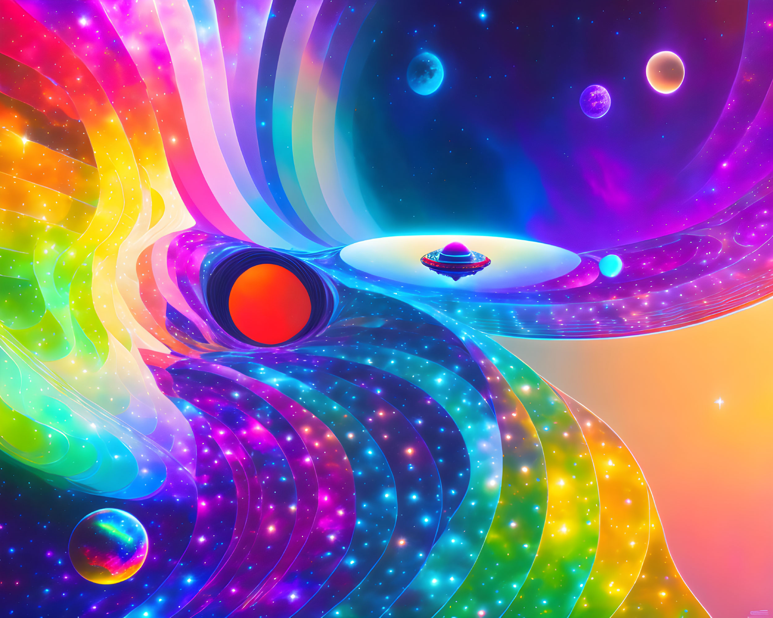 Abstract cosmic scene with neon colors and planets against dark space.