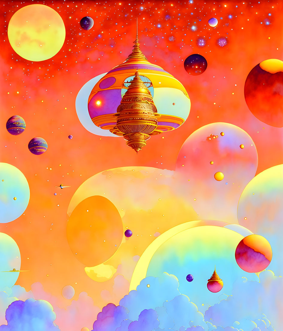 Surreal space scene with floating orbs and whimsical spire in orange and yellow hues