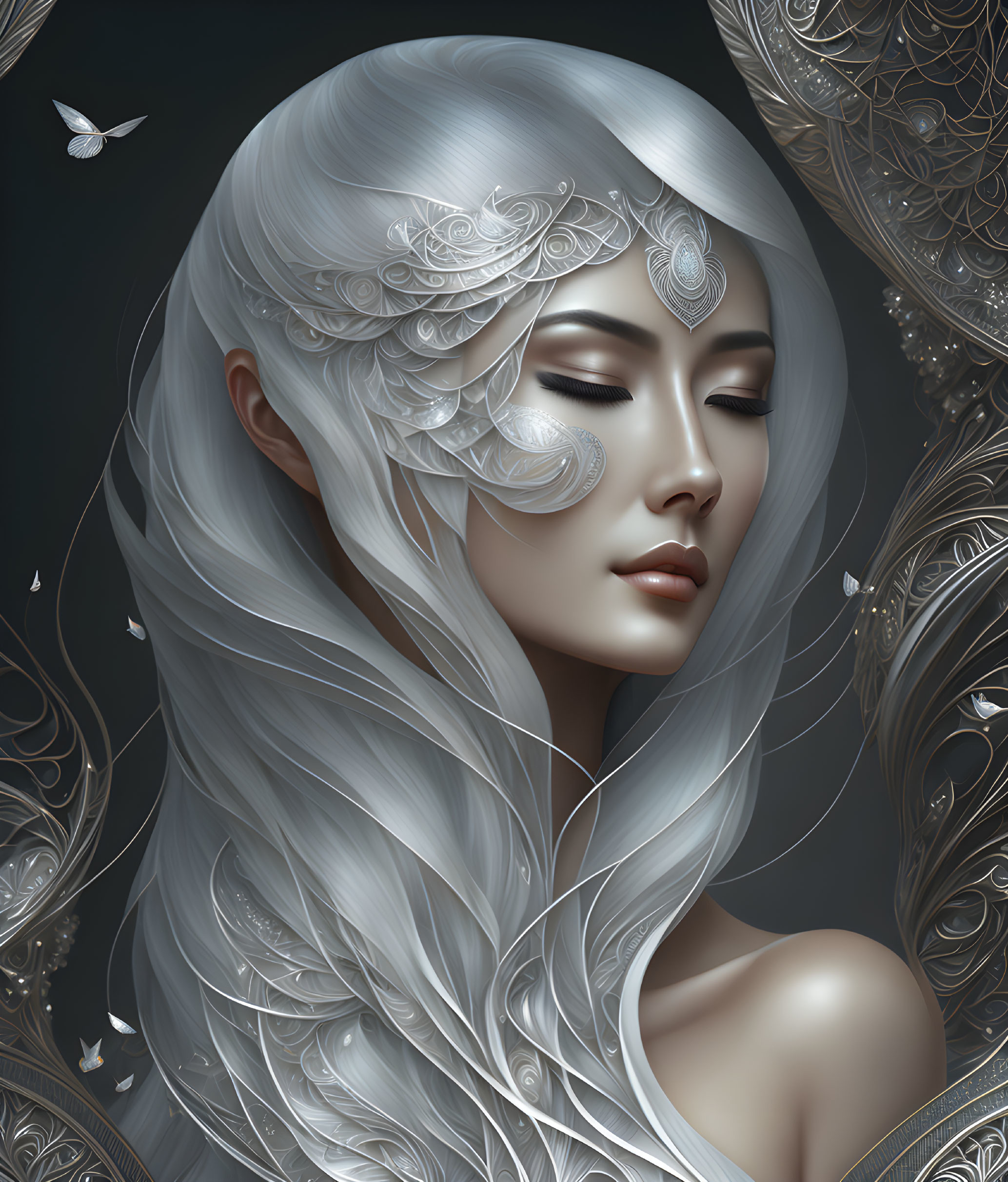 Ethereal woman with silver hair, ornate mask, butterflies, and metallic patterns