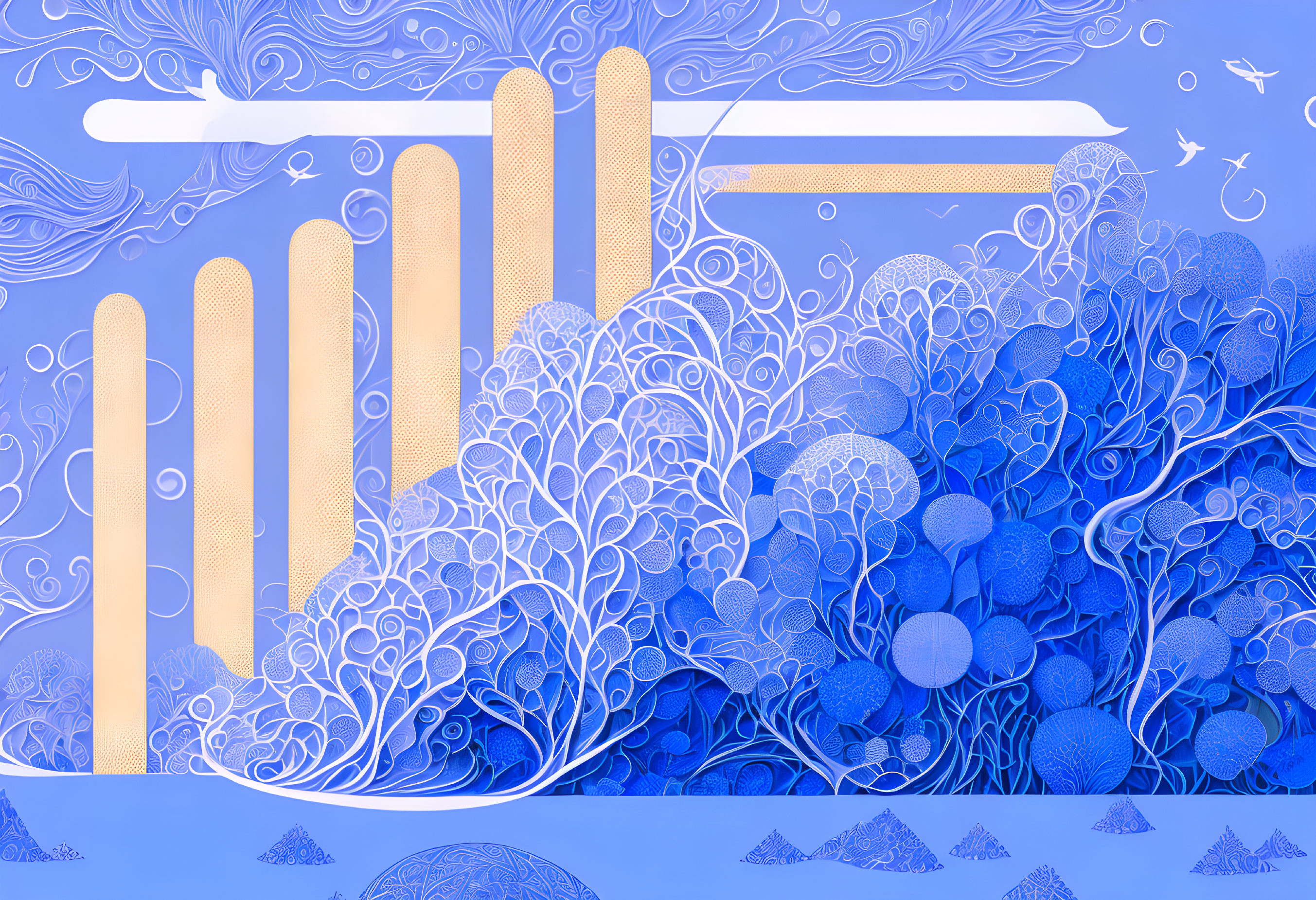 Abstract artwork with golden bar graphs on blue background with wave and foliage patterns.