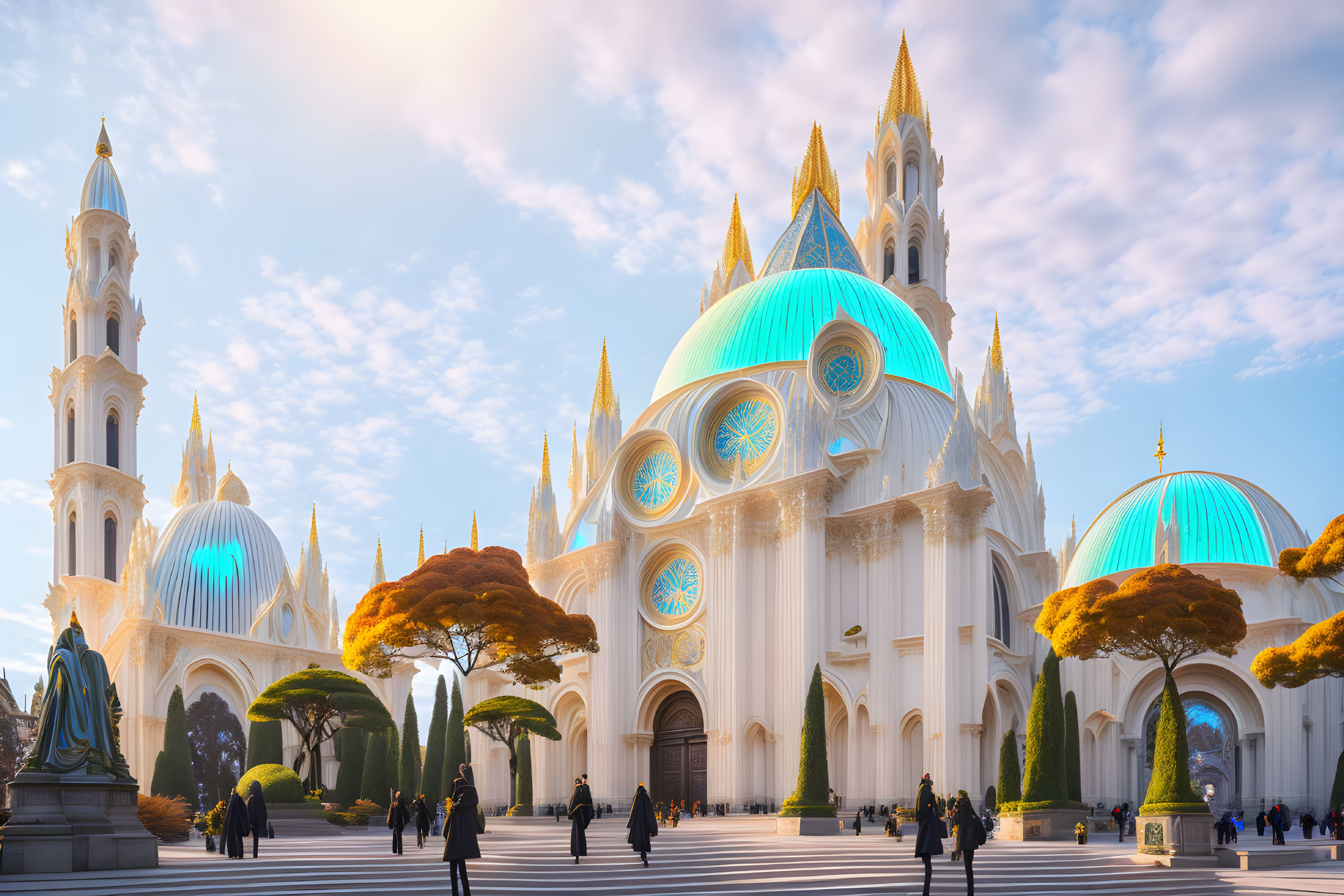 White cathedral with blue domes and sculpted trees under sunny sky