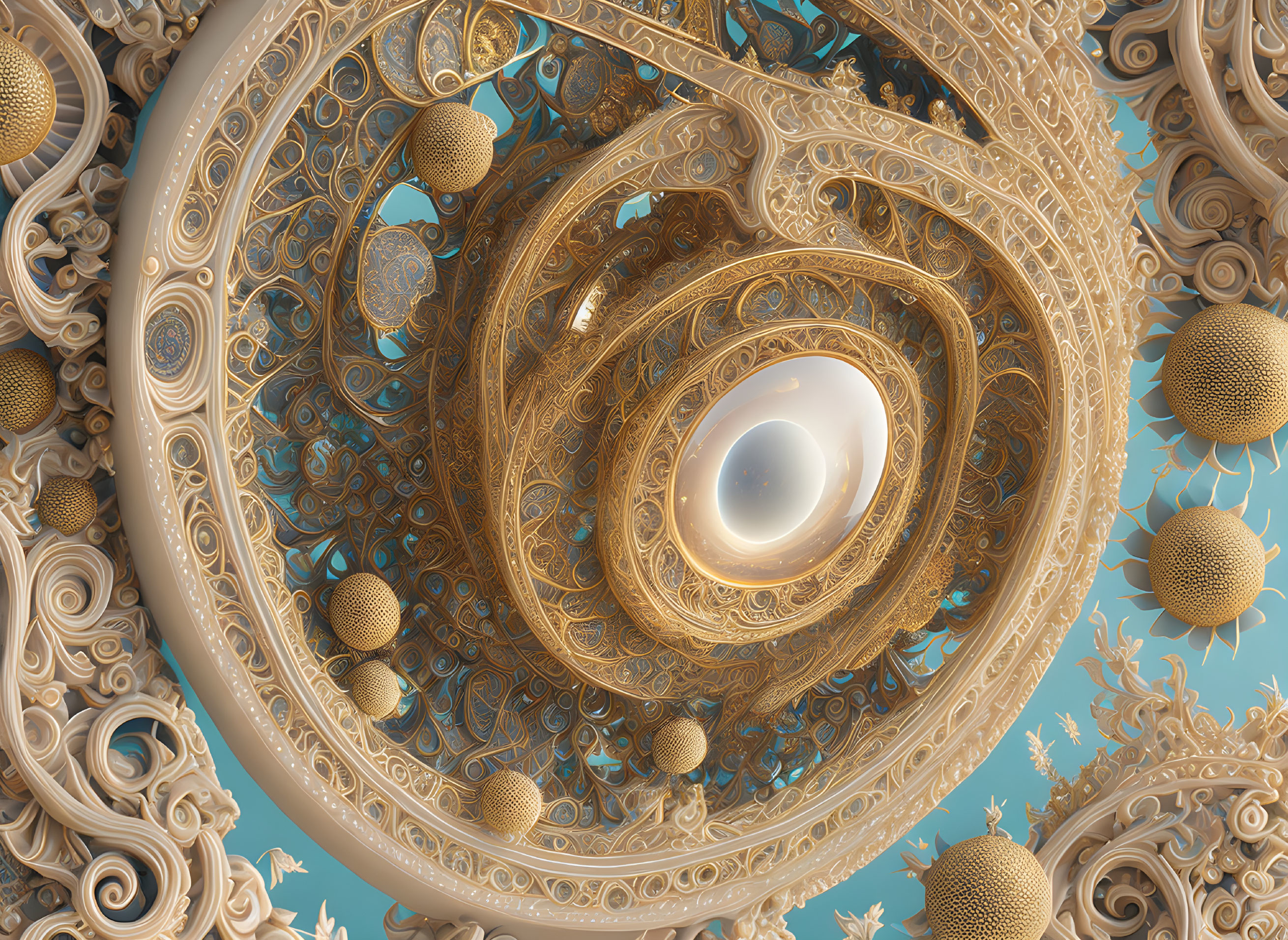 Detailed Spiral Fractal Design in Gold and Blue Palette