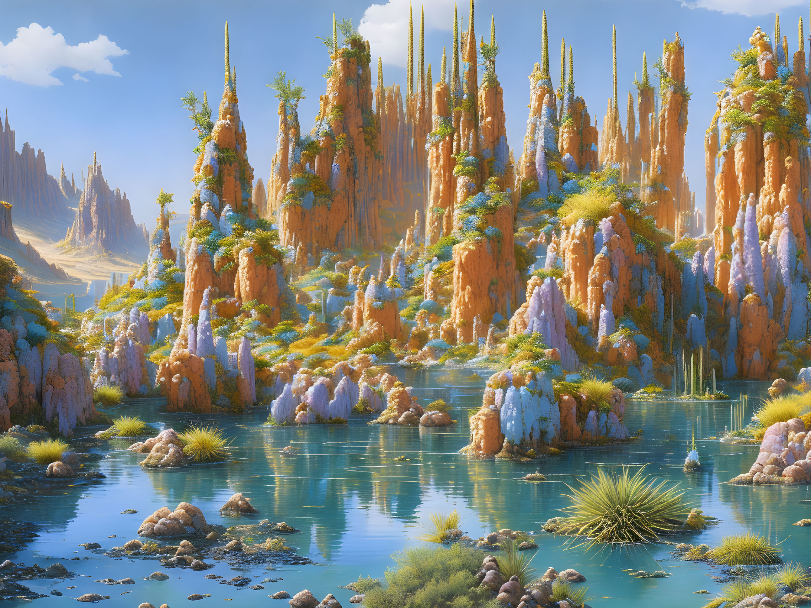 Majestic orange rock formations in lush landscape