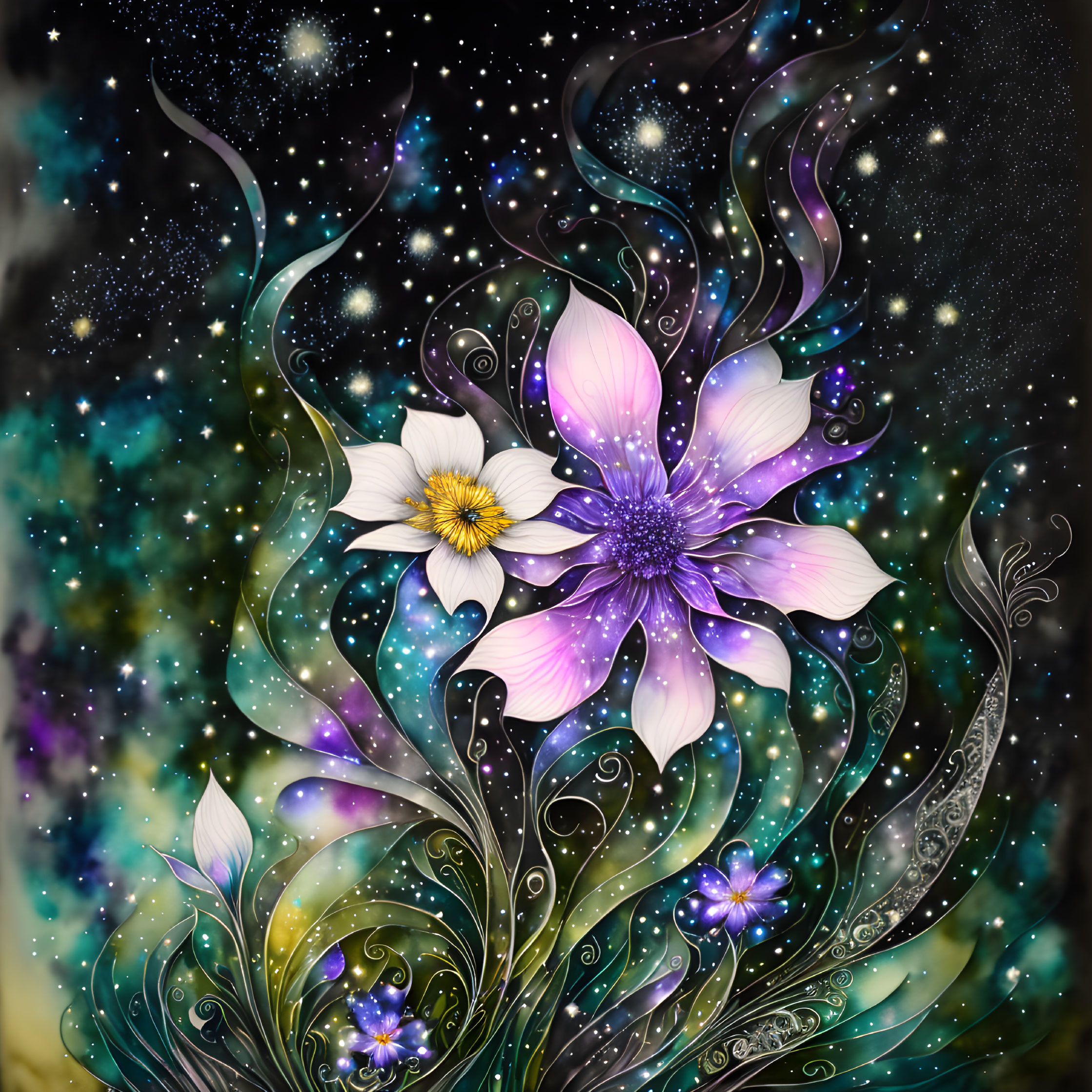 Colorful digital art: Glowing flowers in cosmic setting