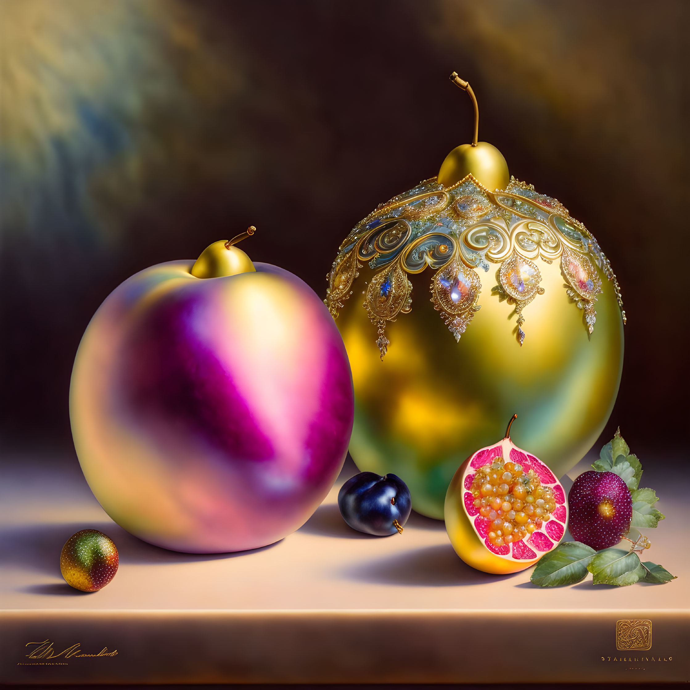 Hyperrealistic Fruit and Ornamented Christmas Bauble Still Life Art