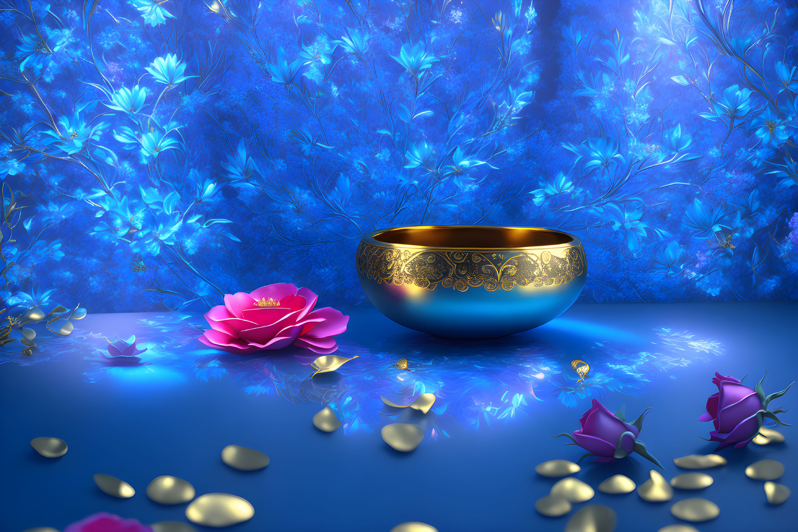 Blue Floral Pattern with Golden Bowl and Pink Lotus on Petals