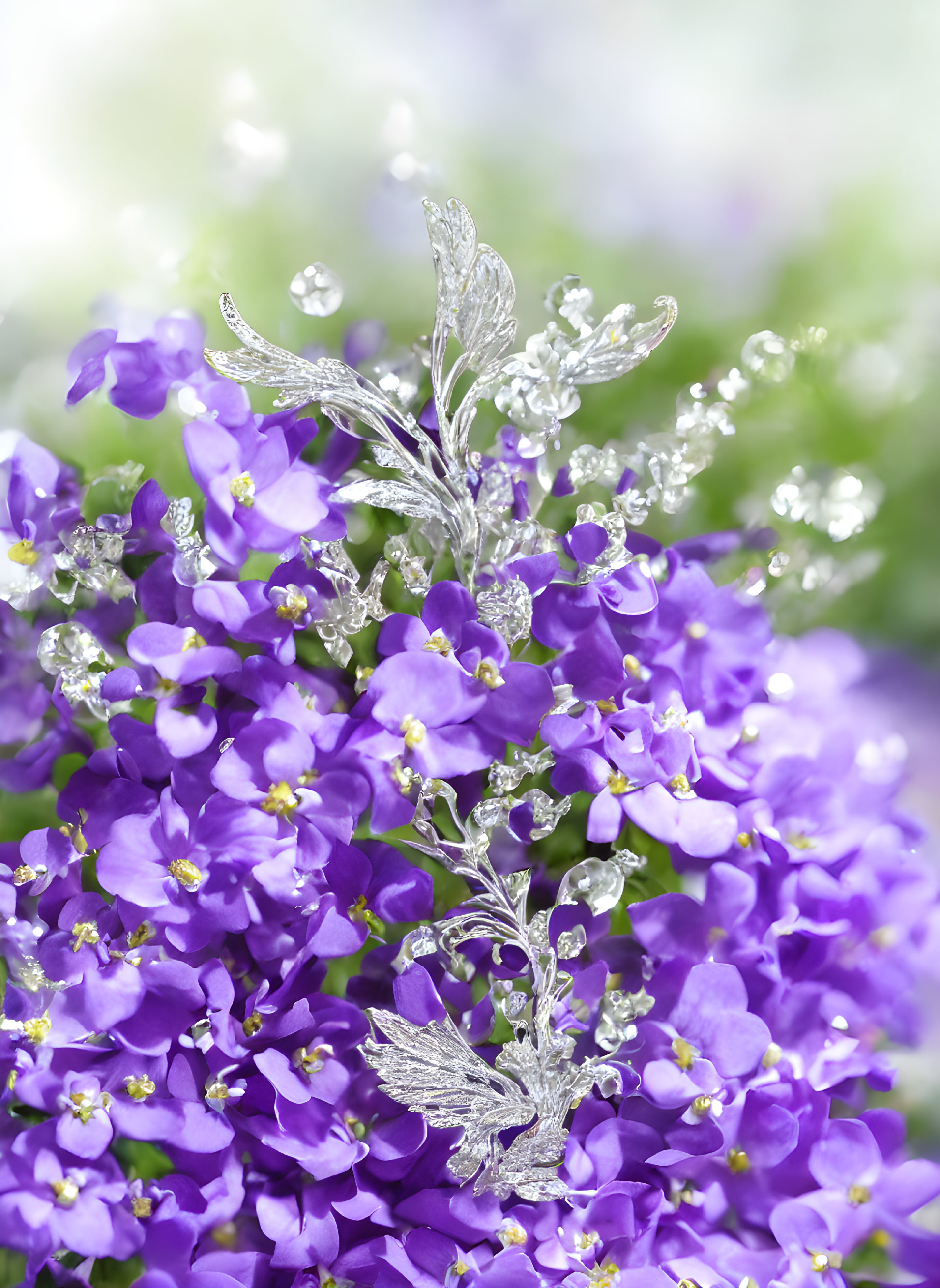 Silver butterfly on purple flowers with water droplets