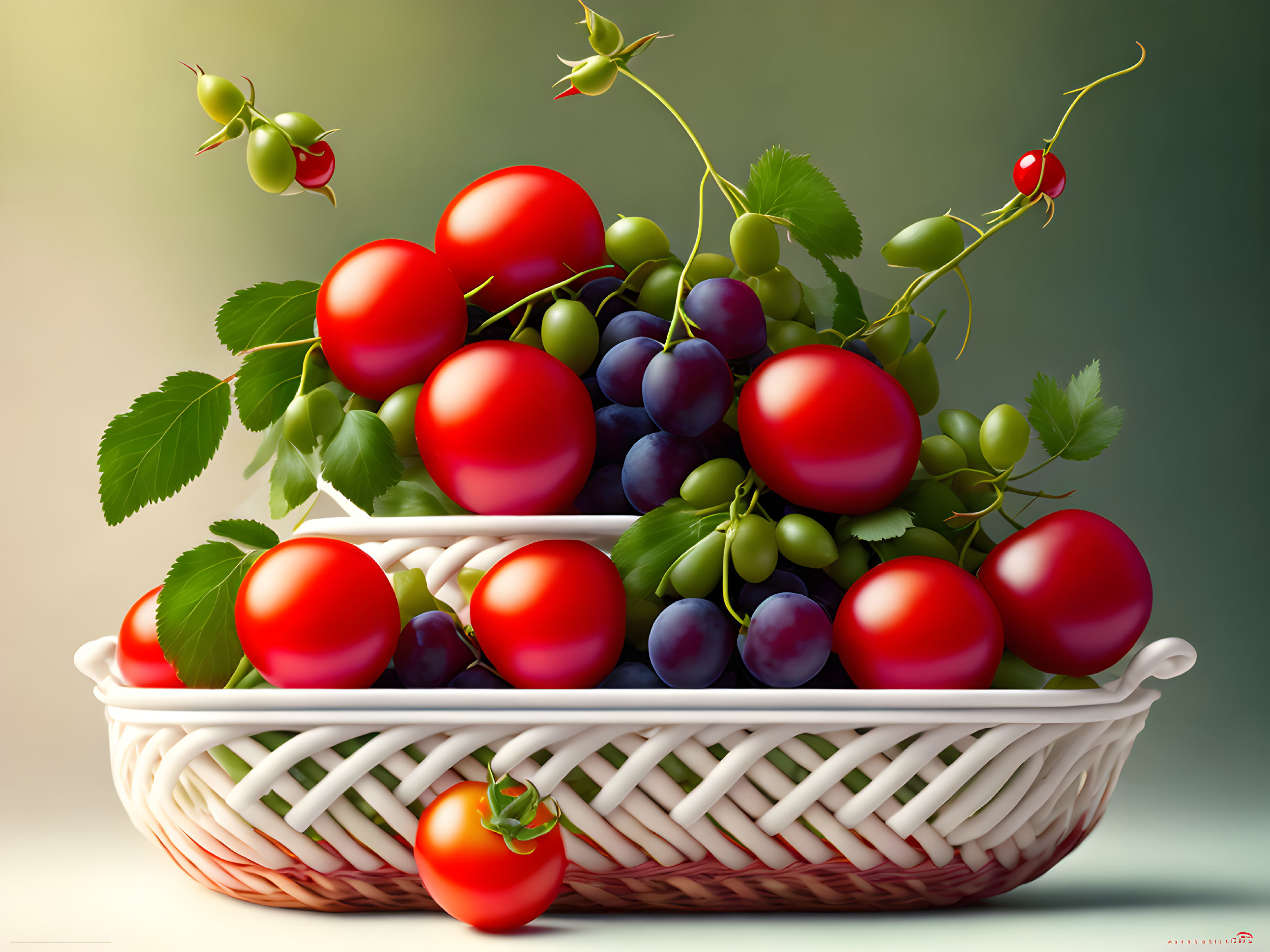 Colorful Still Life with Basket, Tomatoes, Grapes & Soft Background