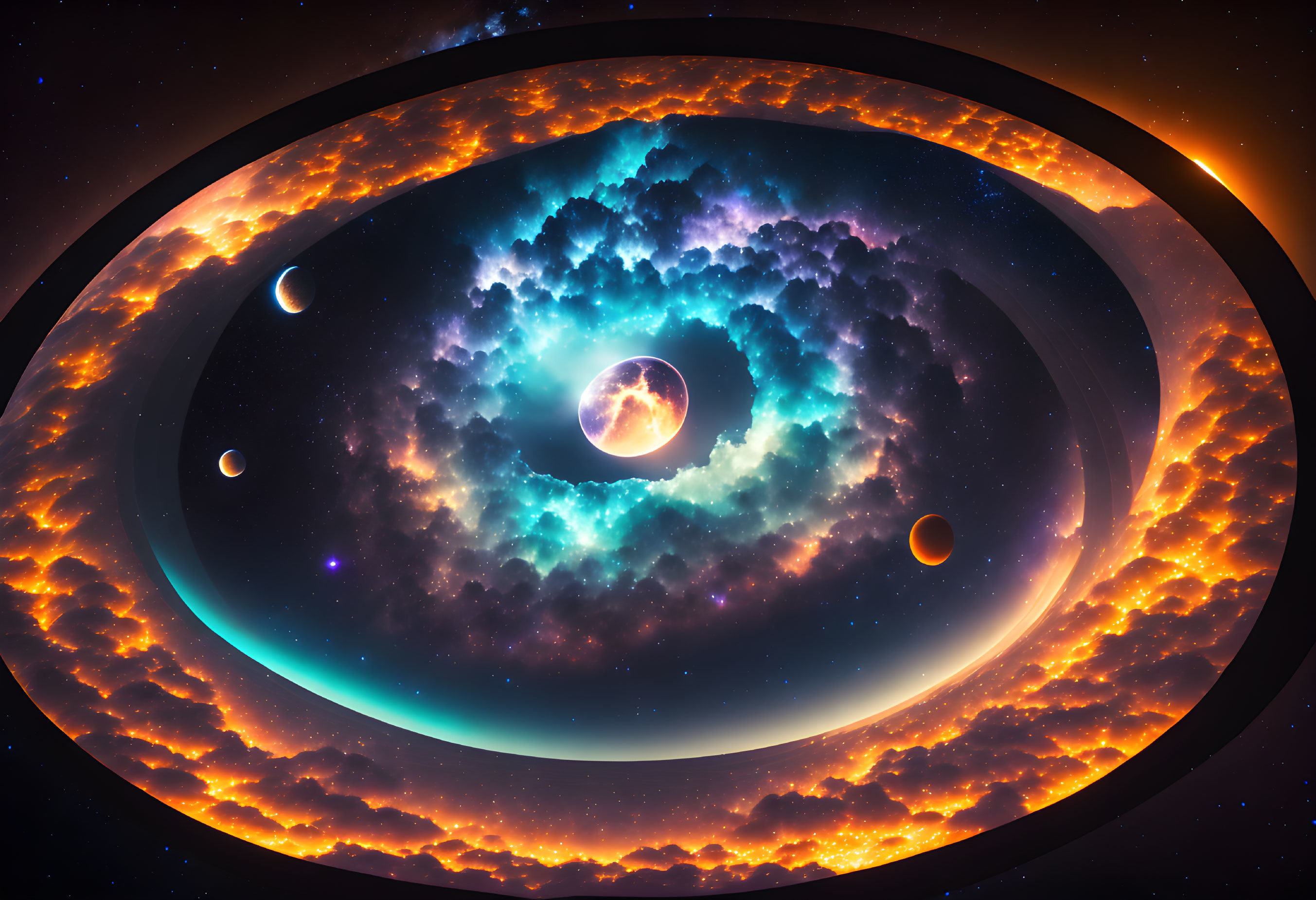 Vivid cosmic illustration: Galaxy, planets, stars, fiery ring