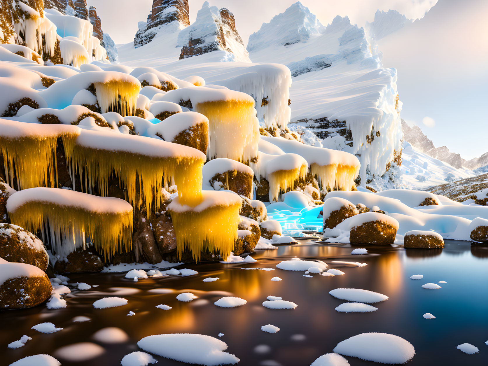 Snow-covered cliffs, icicles, tranquil lake, blue sky: Serene winter landscape