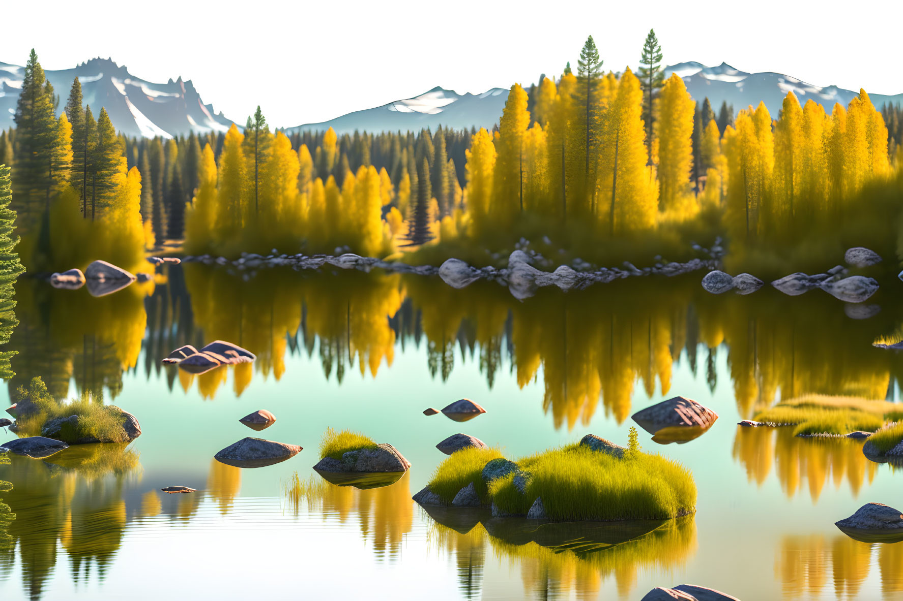 Scenic Mountain Lake with Yellow Trees and Clear Sky