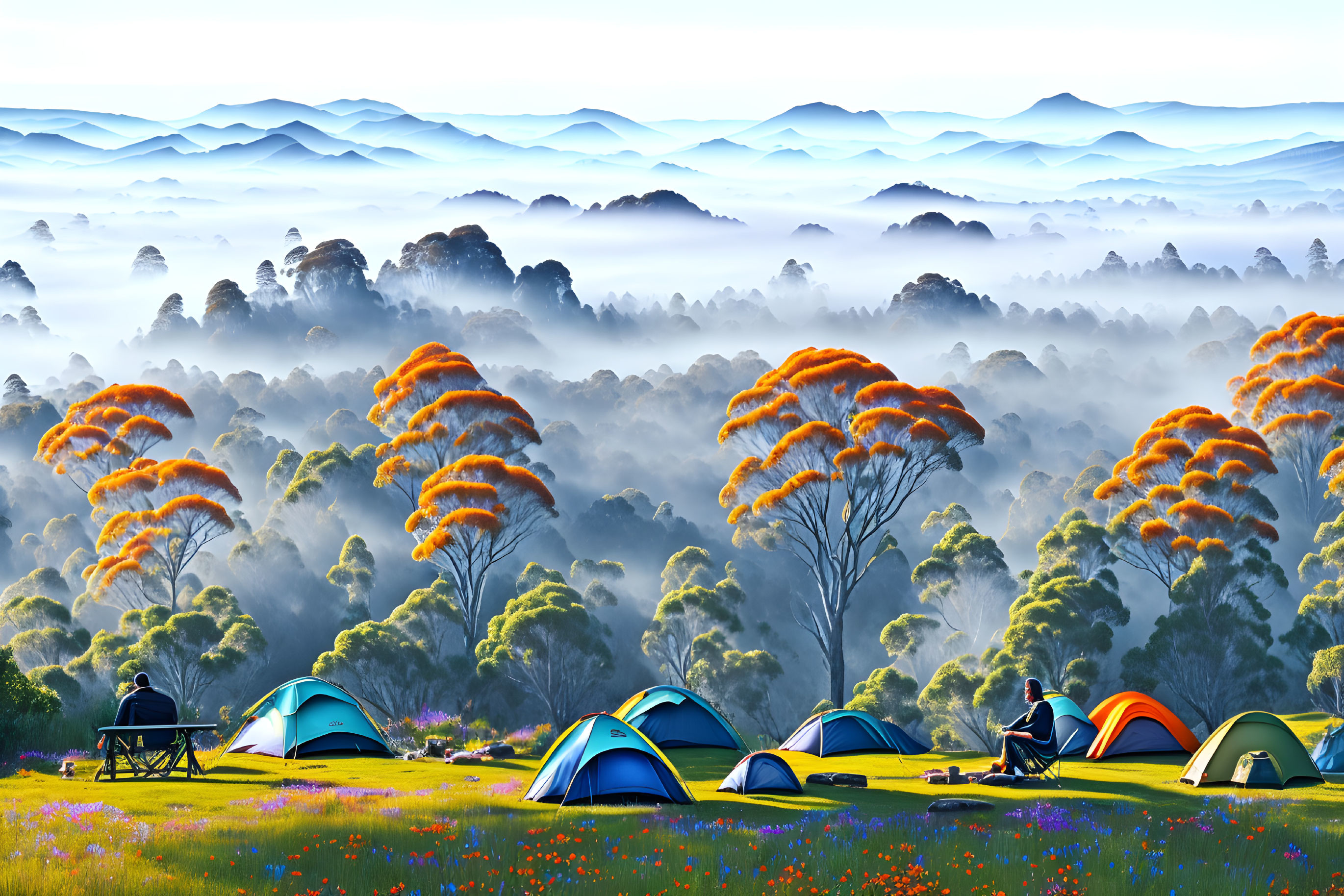 Tranquil campsite scene with tents on grassy field, misty forests, and rolling hills