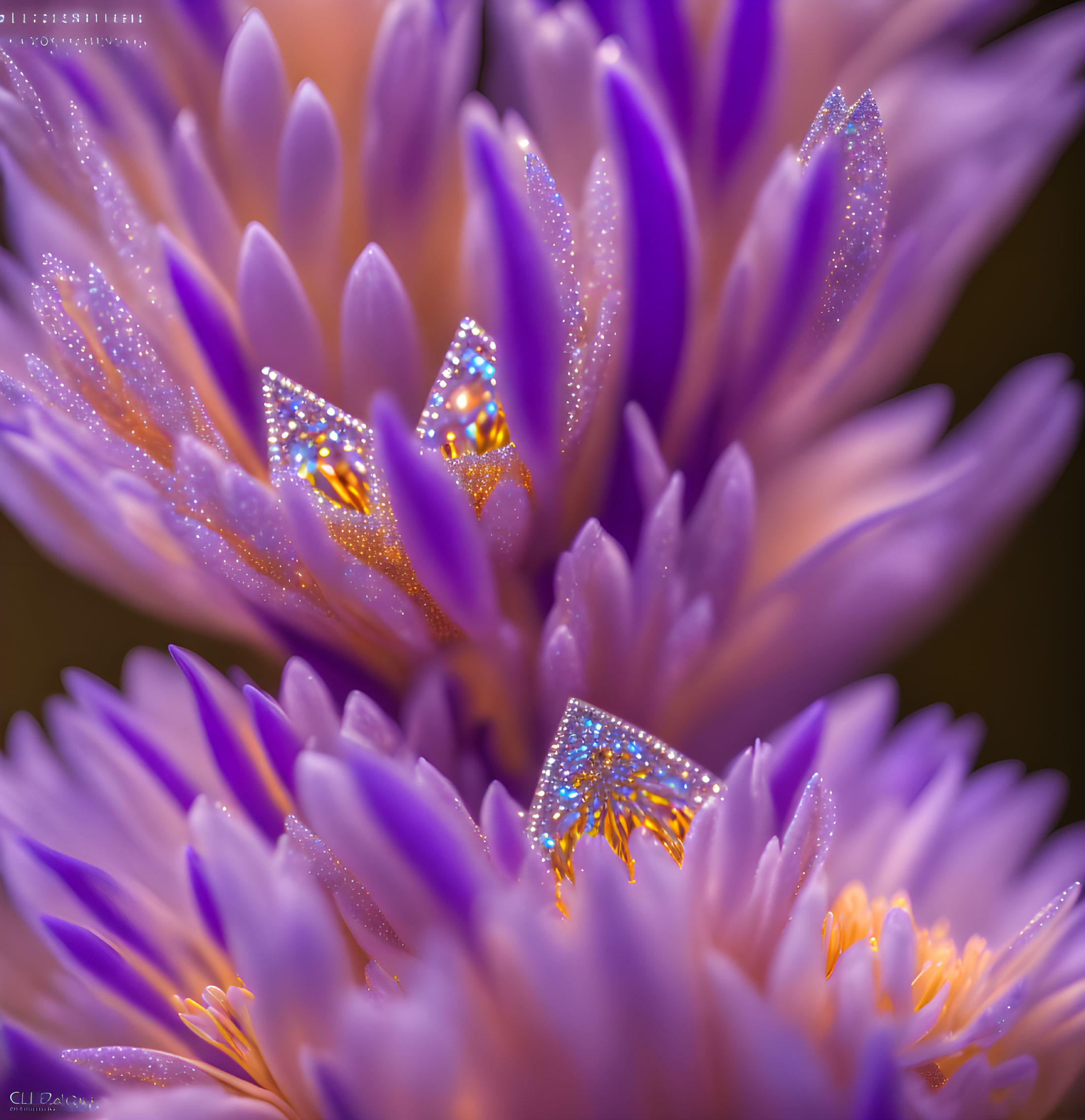 Vibrant purple flower with orange pollen and water droplets