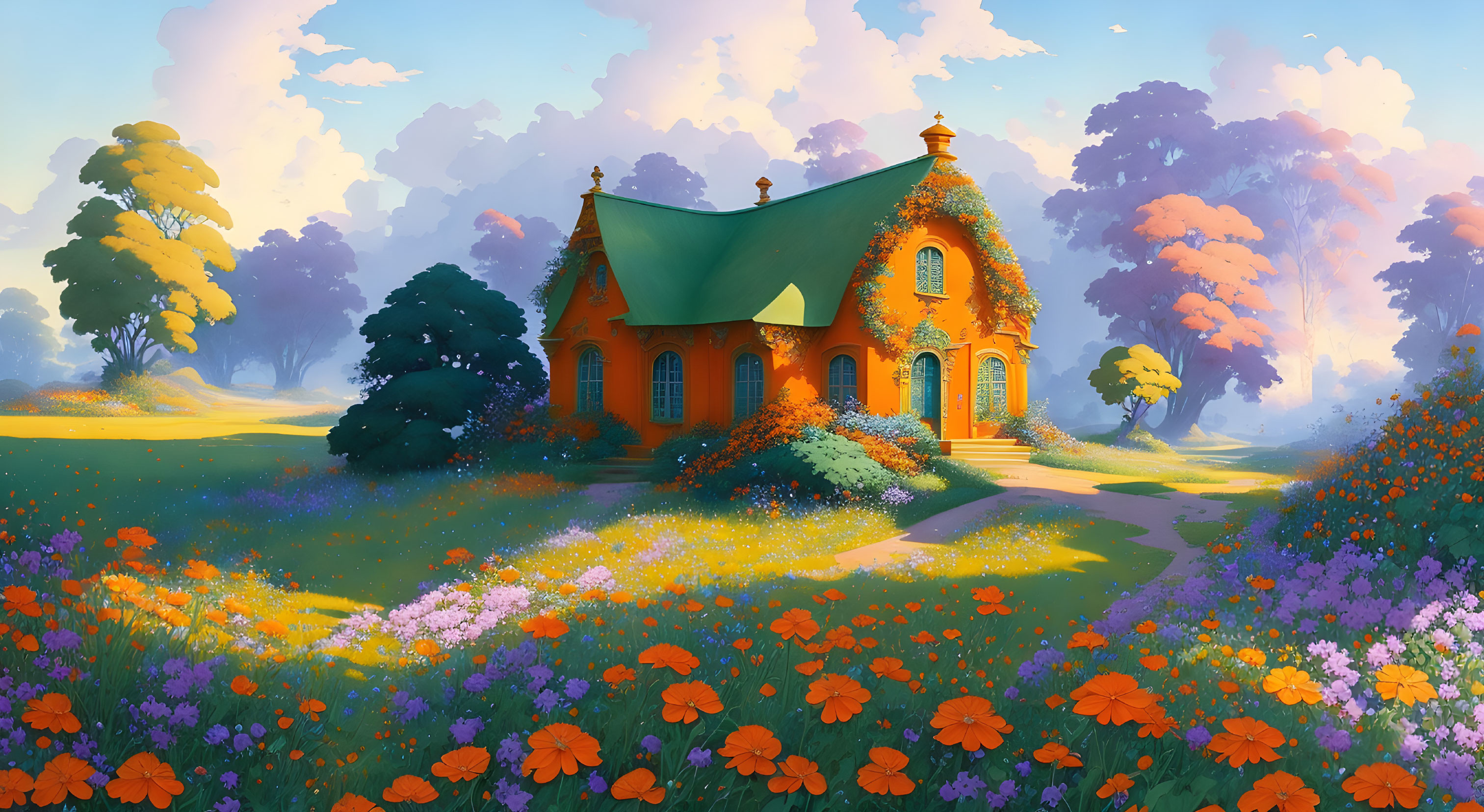 Orange Cottage with Green Roof in Colorful Meadow and Pastel Sky