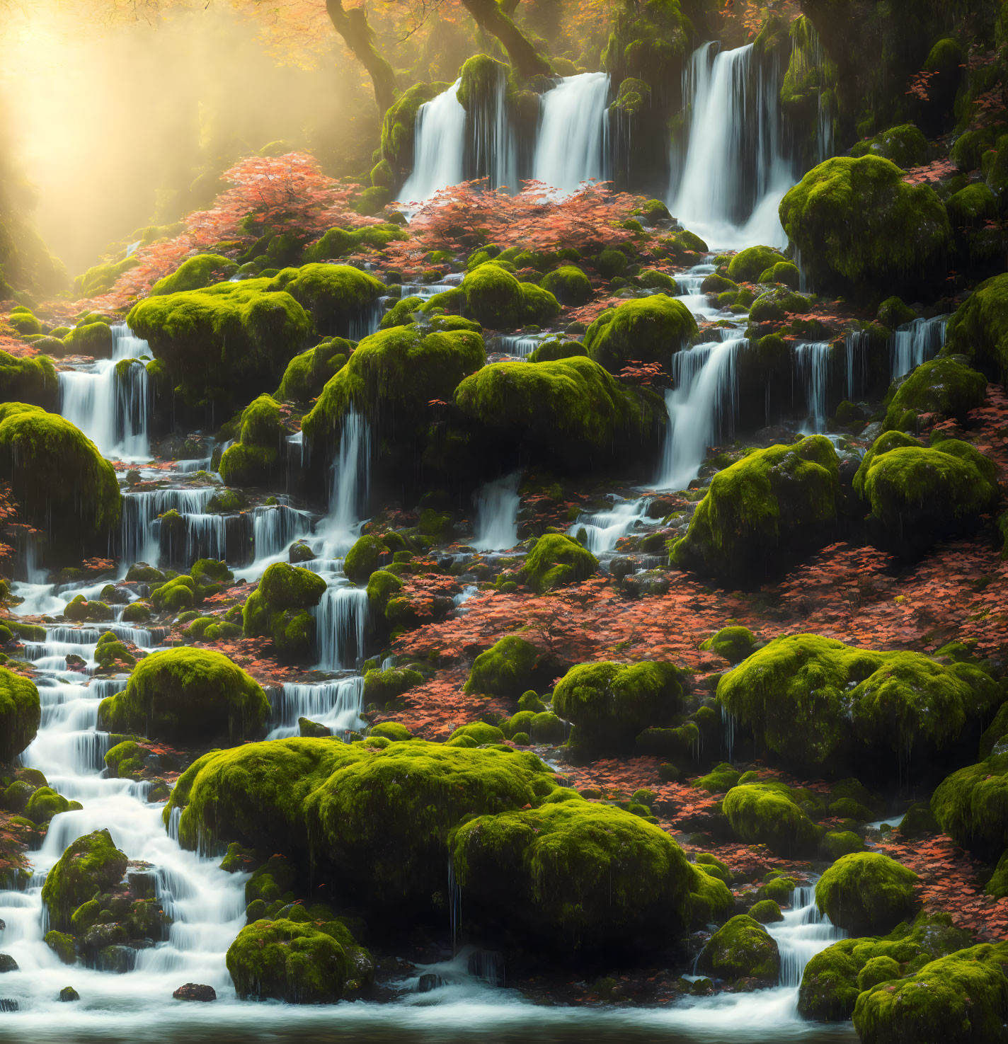 Tranquil waterfall in lush greenery with sunlight and autumnal hues