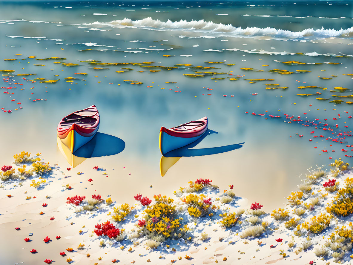 Colorful boats on sandy shore with flowers near clear waters and green foliage